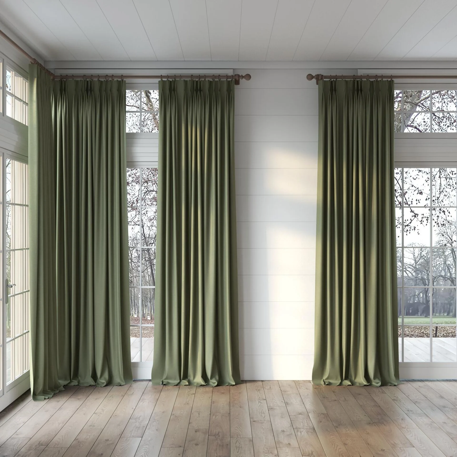 Full view of Colourwash Eco Camouflage, puddled, on curtain rod