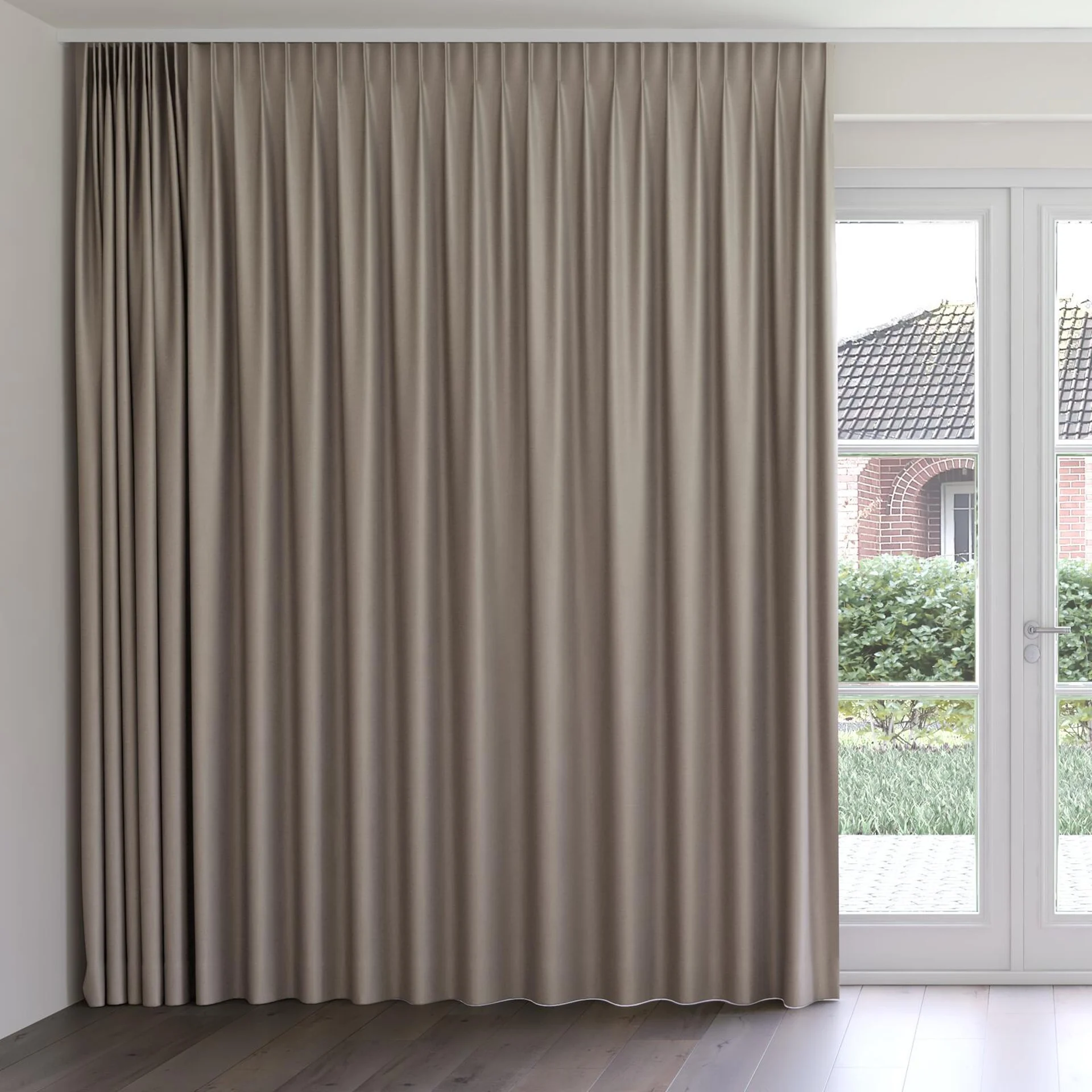 Front view of Eclipse Blackout Driftwood, on curtain rail