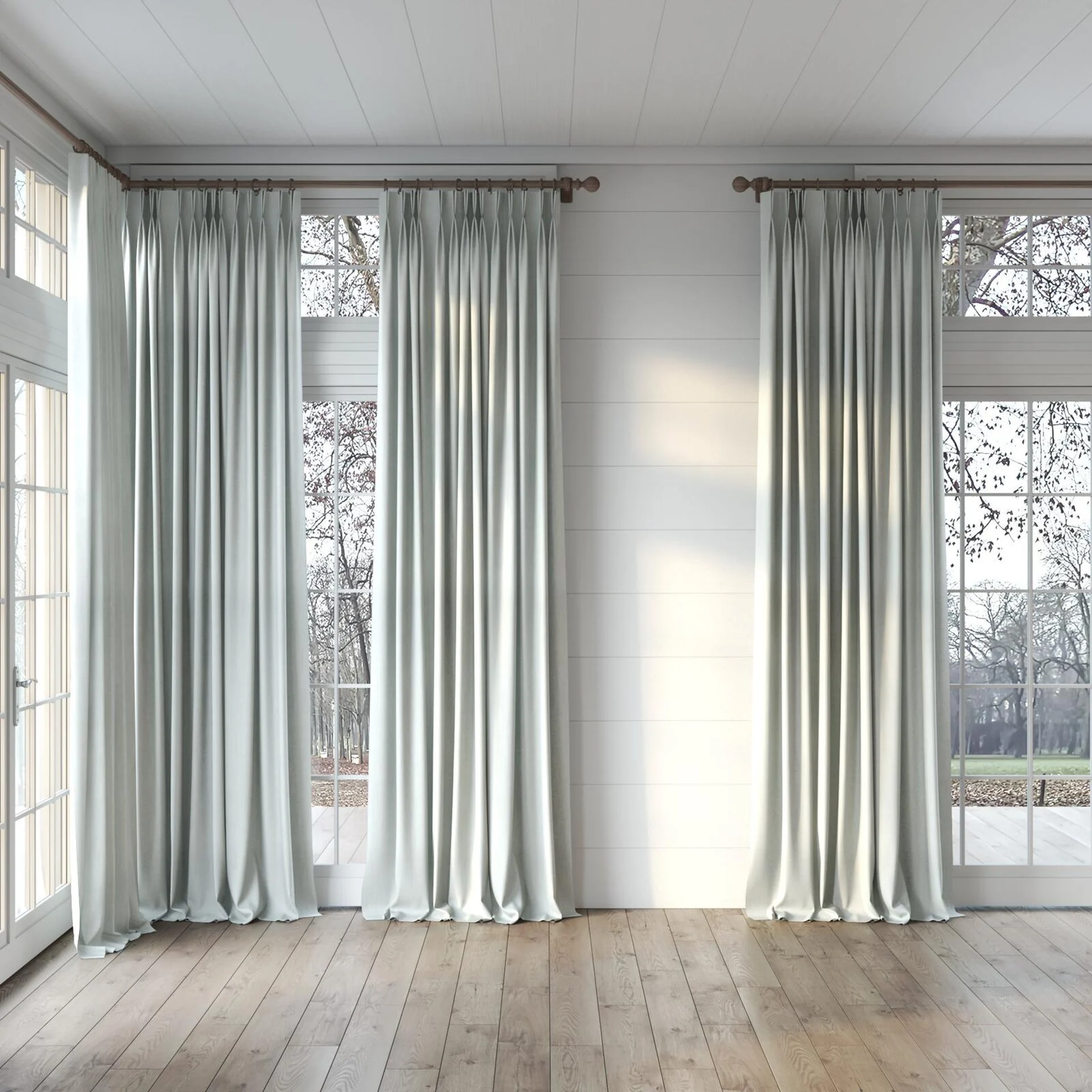 Full view of Lexicon Duckegg, puddled, on curtain rod