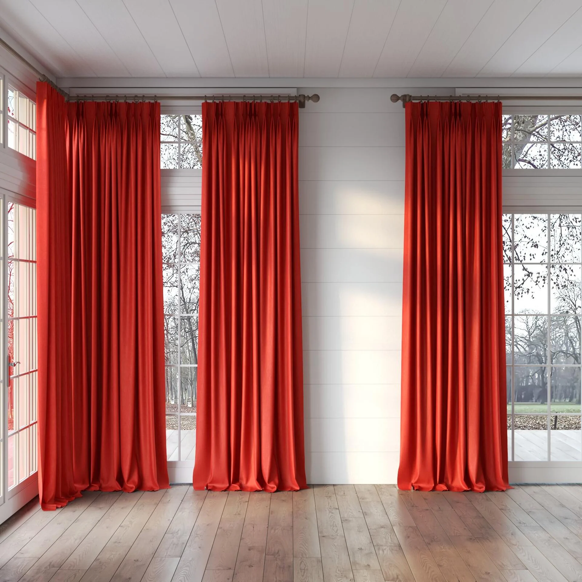 Full view of Bronco Paprika, puddled, on curtain rod