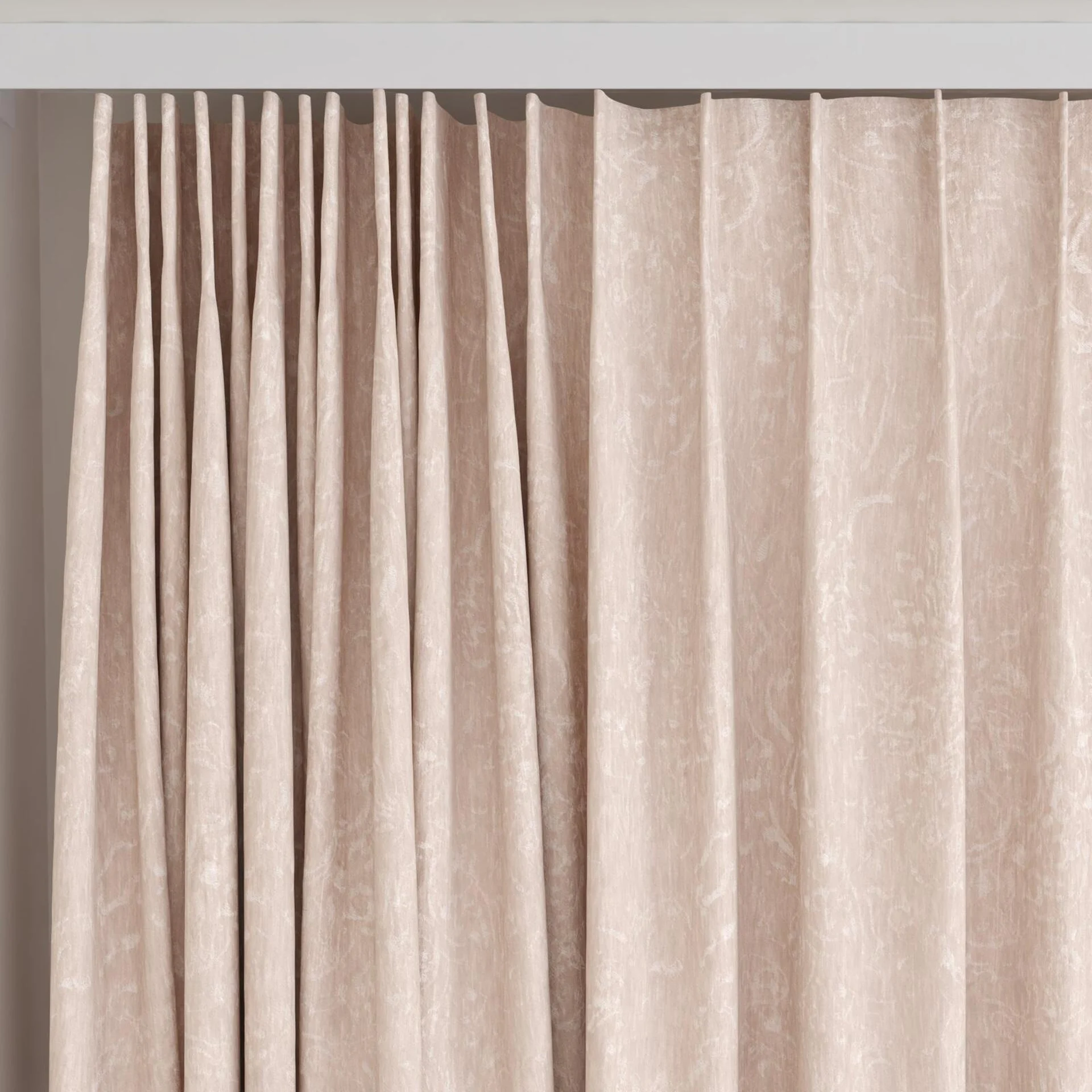 Top view of Azulejo Blush, on curtain rail