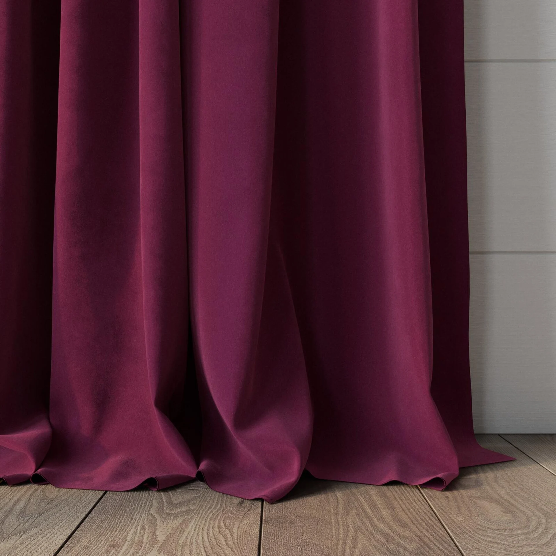 Bottom view of Lux Velvet Bordeaux 8603, puddled, on curtain rod