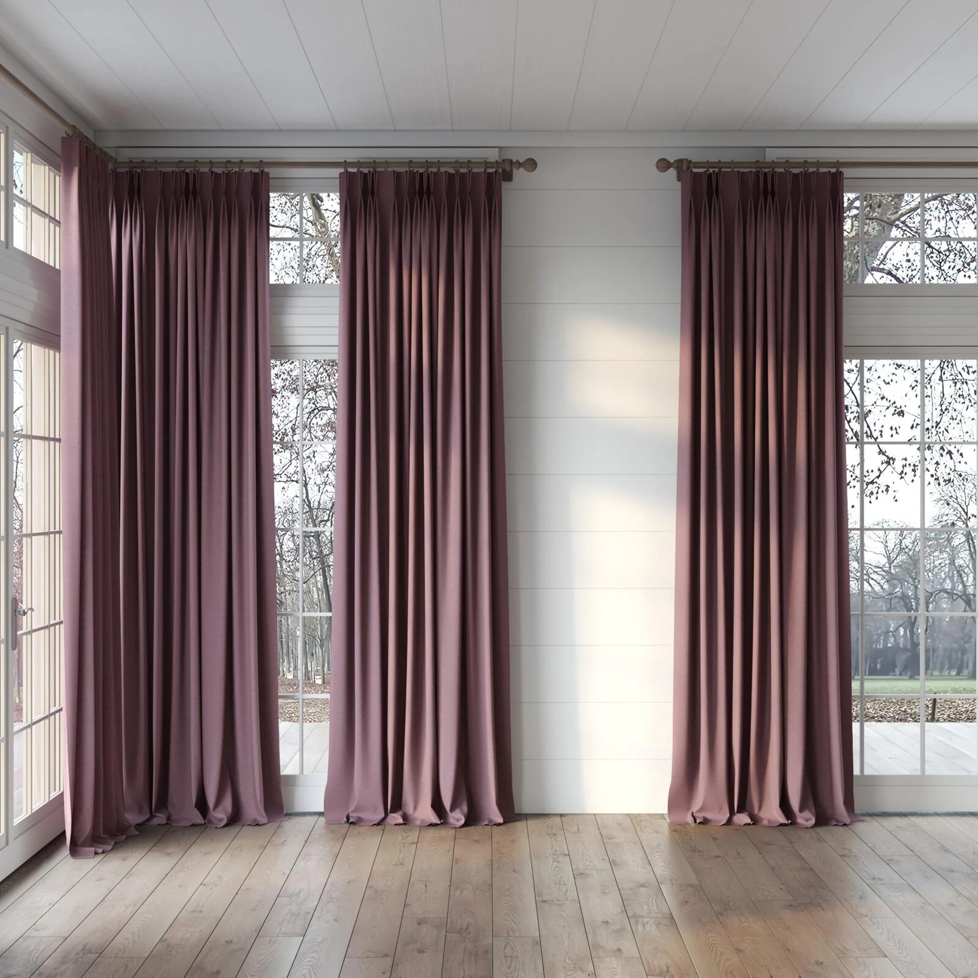 Full view of Coverlet Boudoir, puddled, on curtain rod