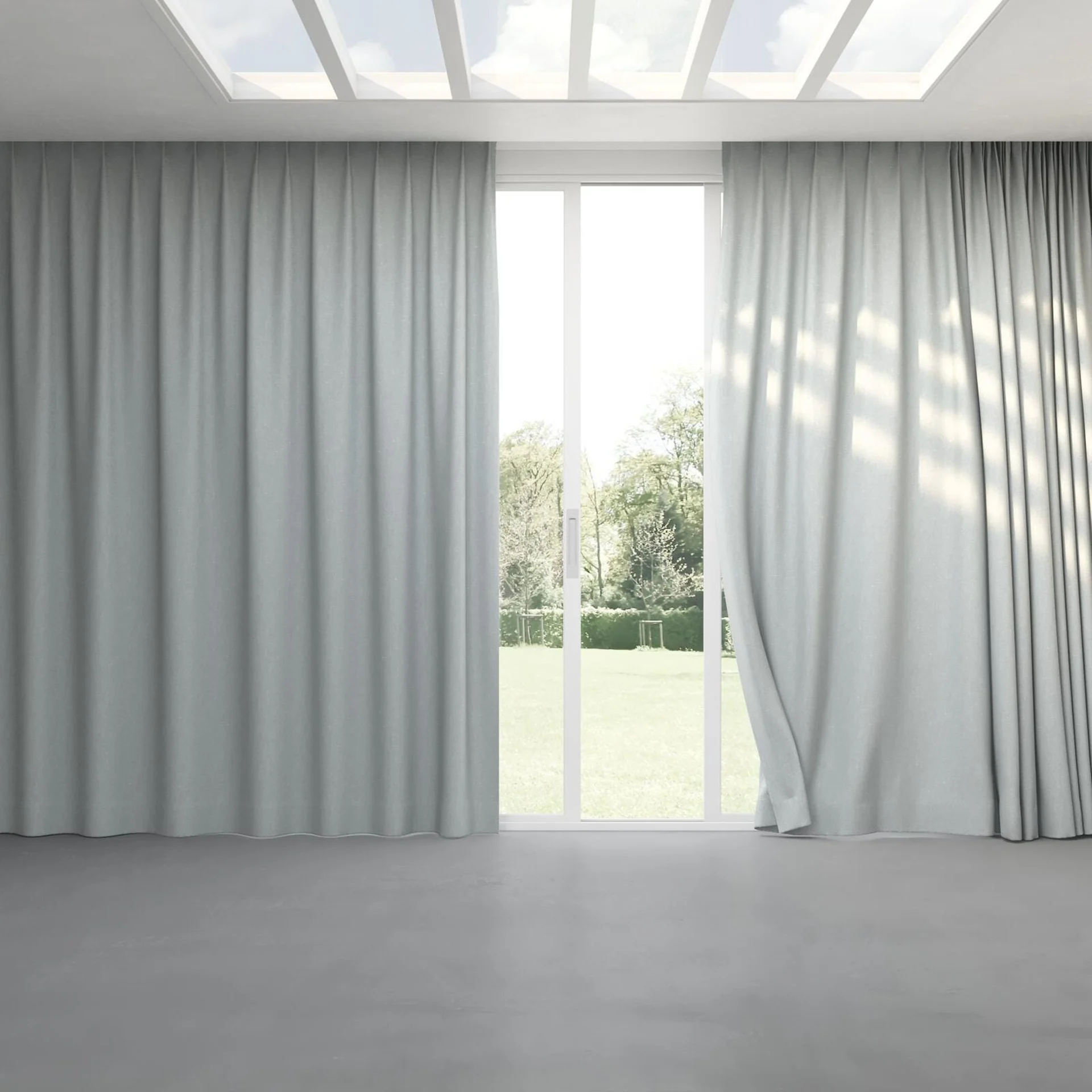 Full view of Retreat II Duckegg, pinch pleat