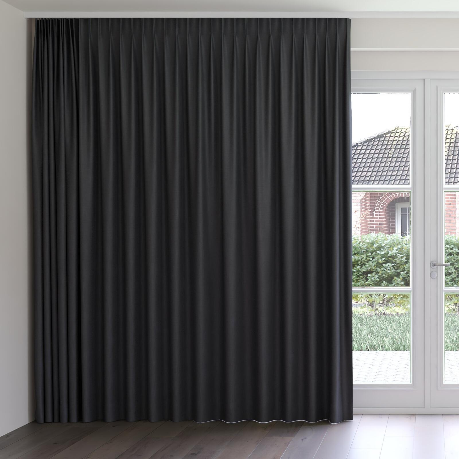 Front view of Frisco Pewter, on curtain rail