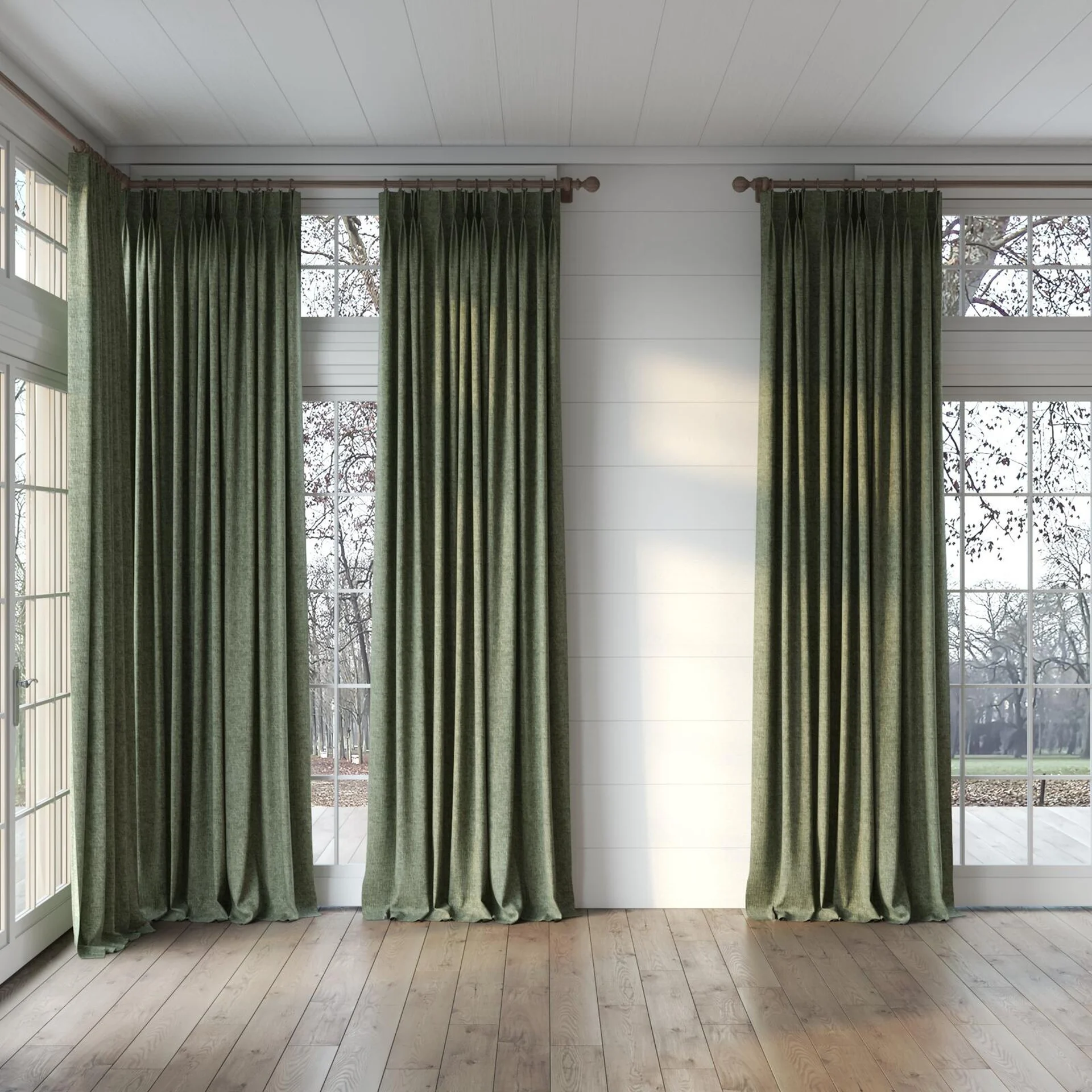 Full view of Earthwild Camouflage, puddled, on curtain rod