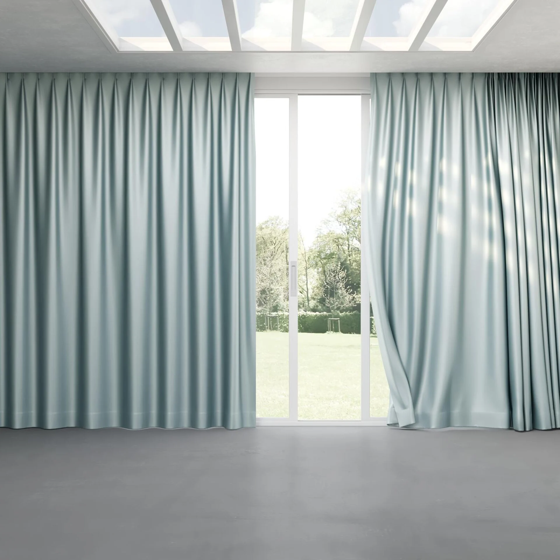 Full view of Moonbeam Mist, pinch pleat