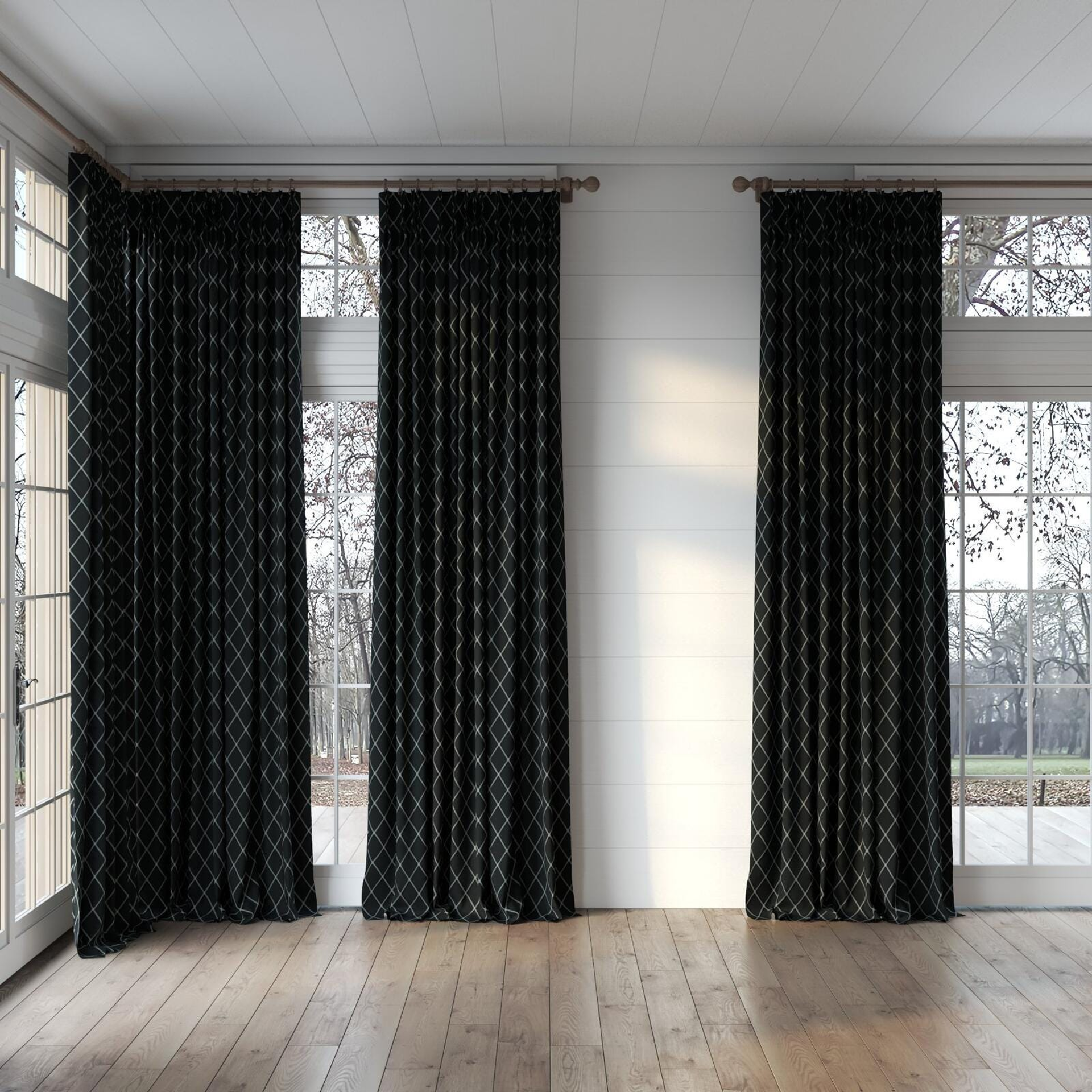 Full view of Pantheon Graphite, puddled, on curtain rod