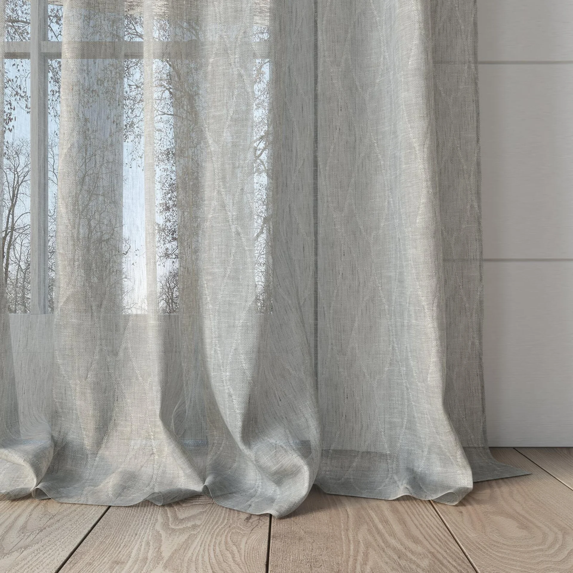 Bottom view of Henriette Mist, puddled, on curtain rod