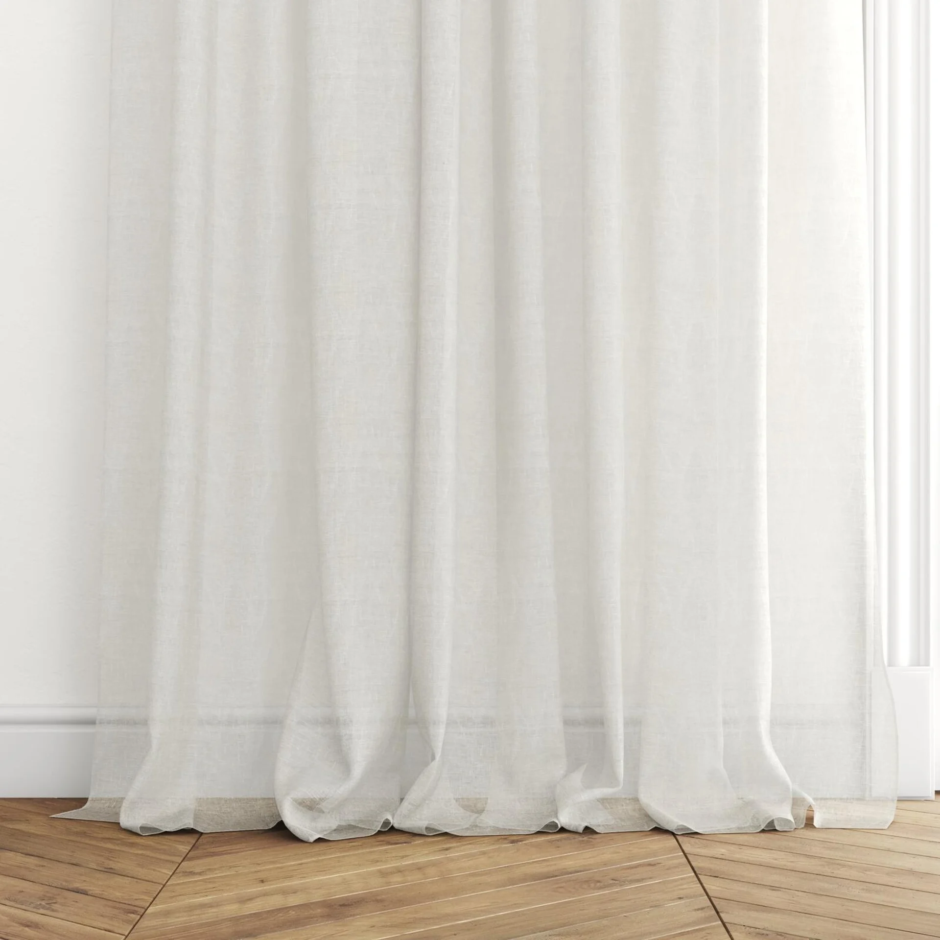 Bottom view of Henriette Pure, puddled with pinch pleat, on curtain rod