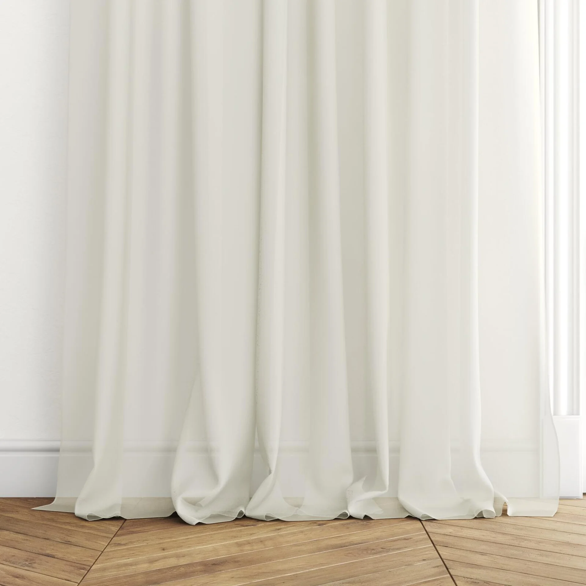 Bottom view of Zine Papyrus, puddled with pinch pleat, on curtain rod