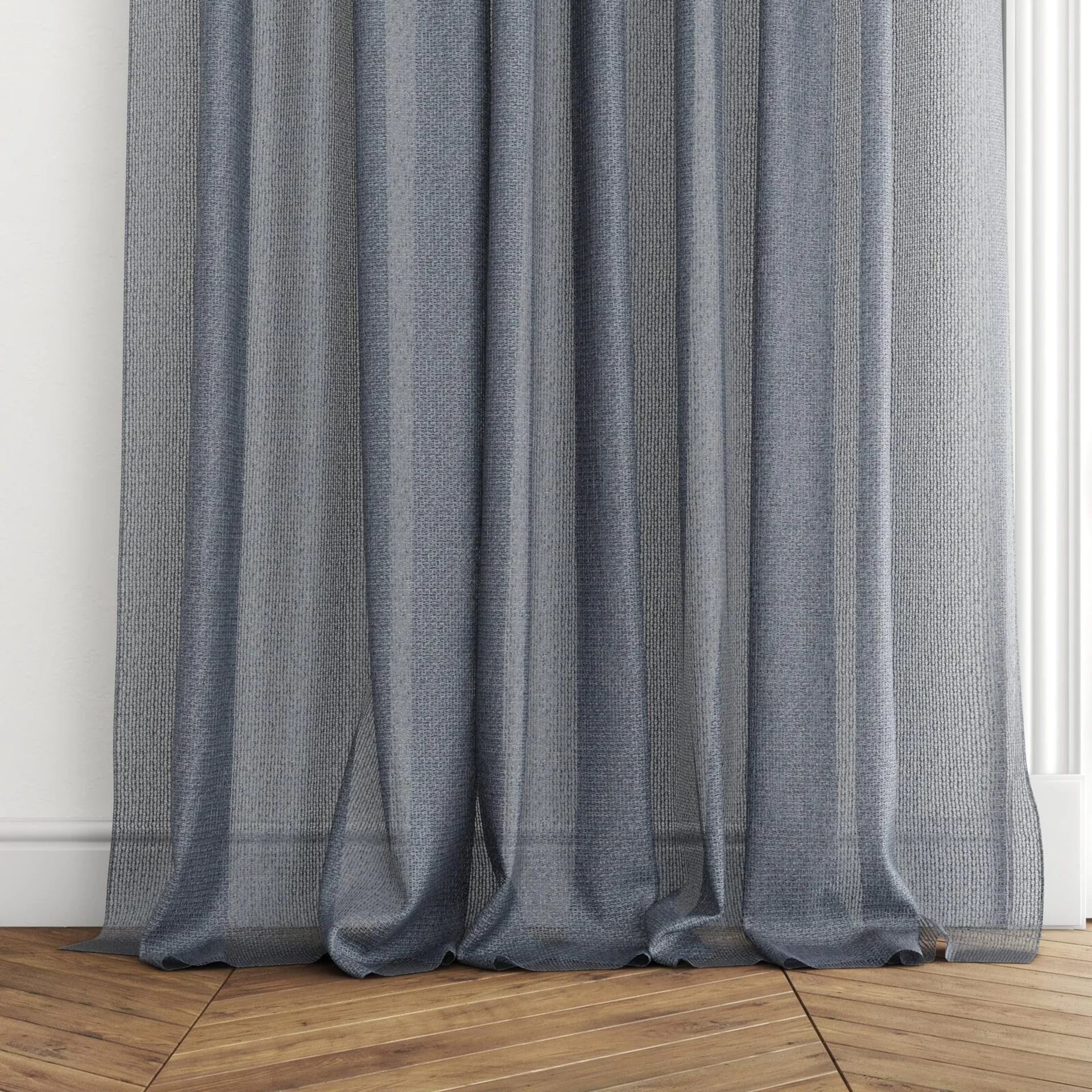 Bottom view of Cosmos Midnight, puddled with pinch pleat, on curtain rod