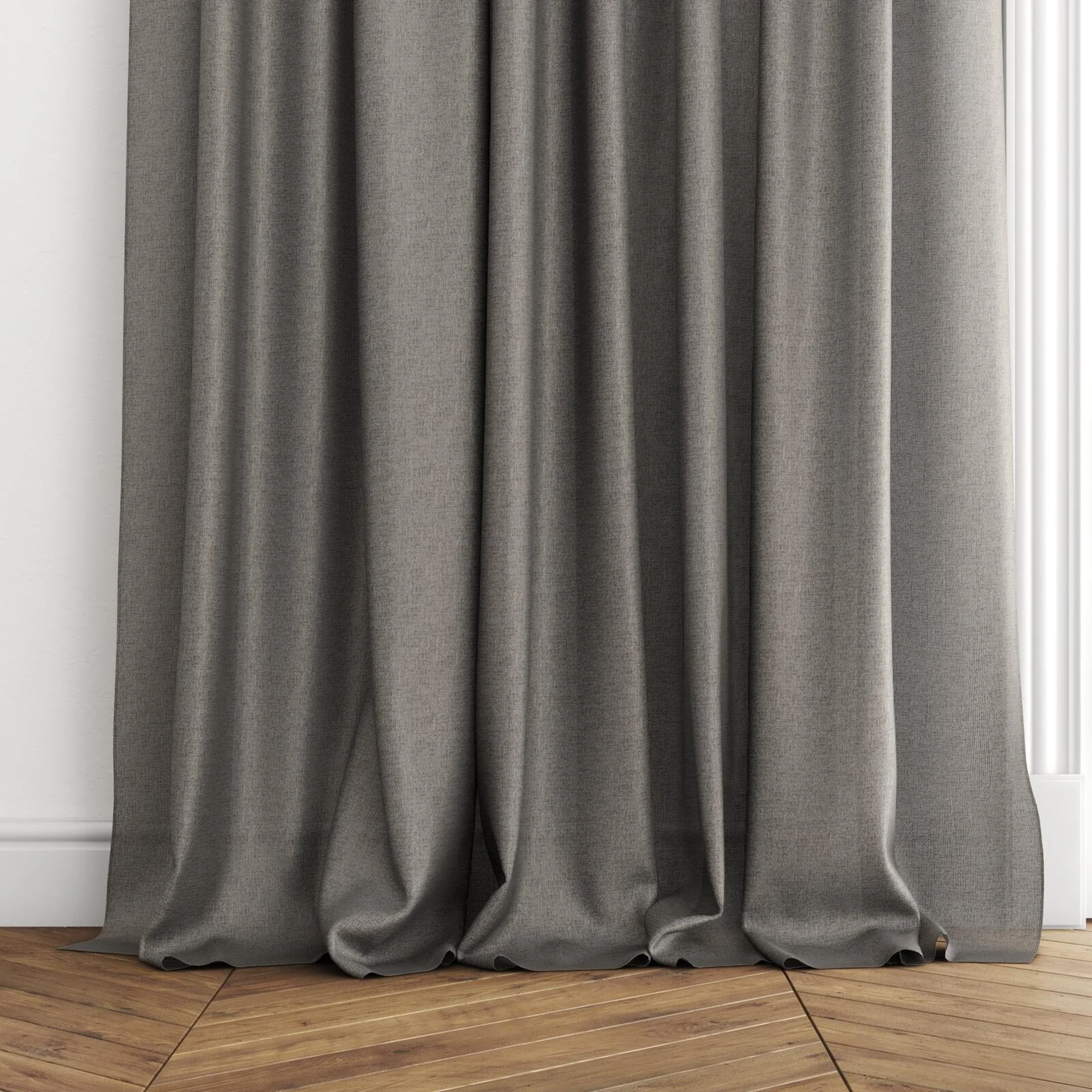 Bottom view of Twister Raven, puddled with pinch pleat, on curtain rod