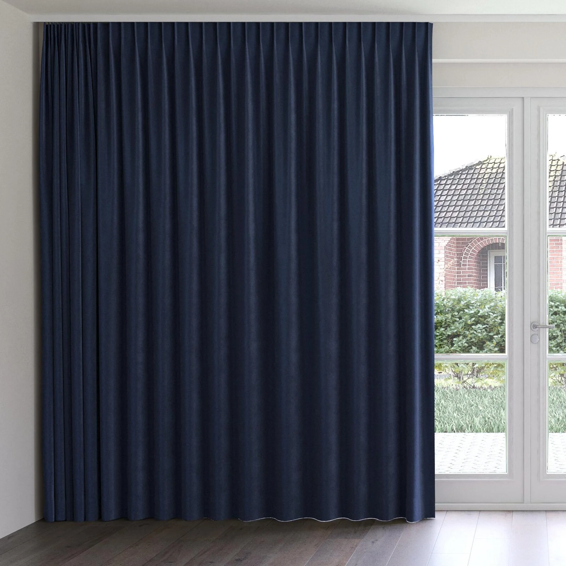 Front view of Velvelux Navy, on curtain rail