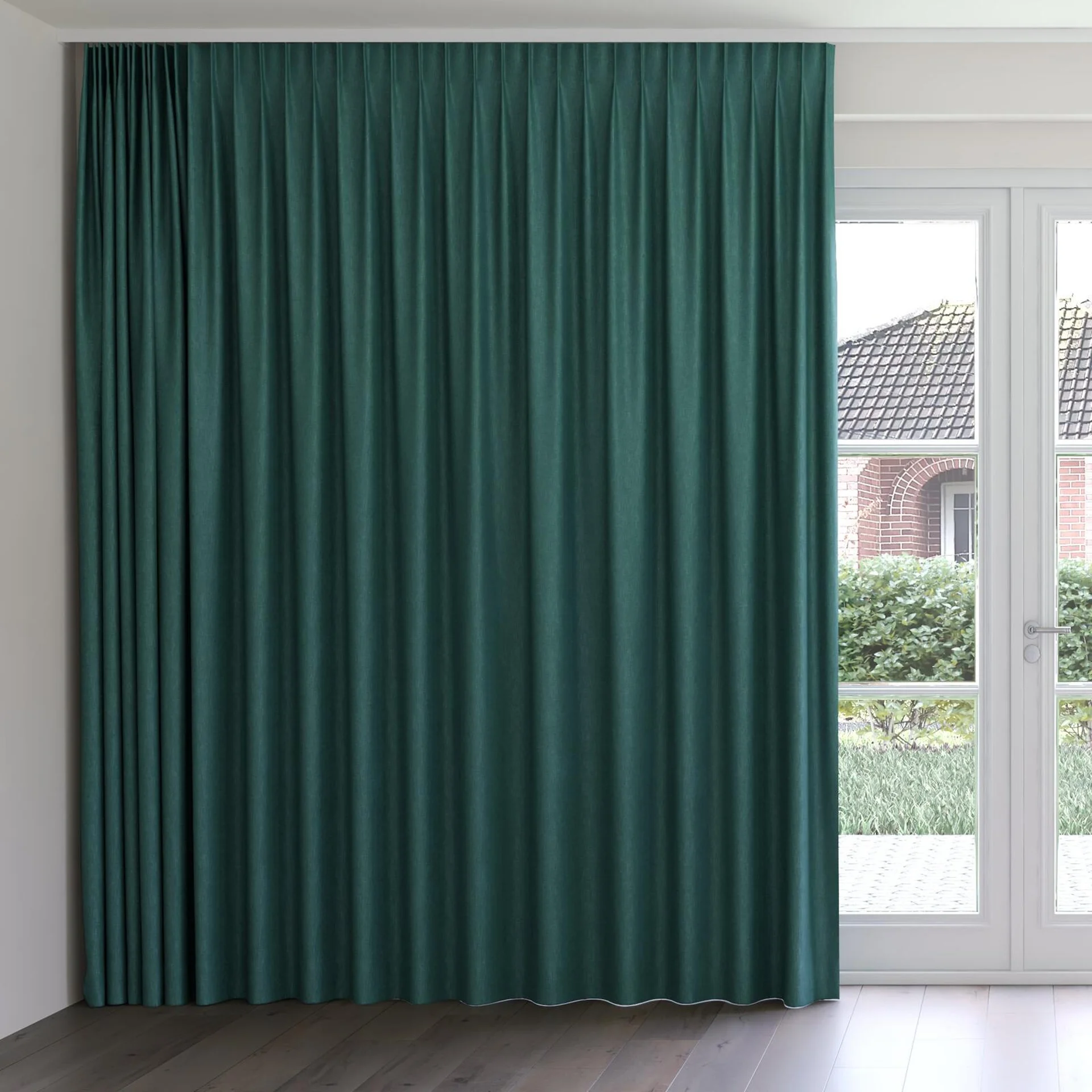 Front view of Bronco Teal, on curtain rail