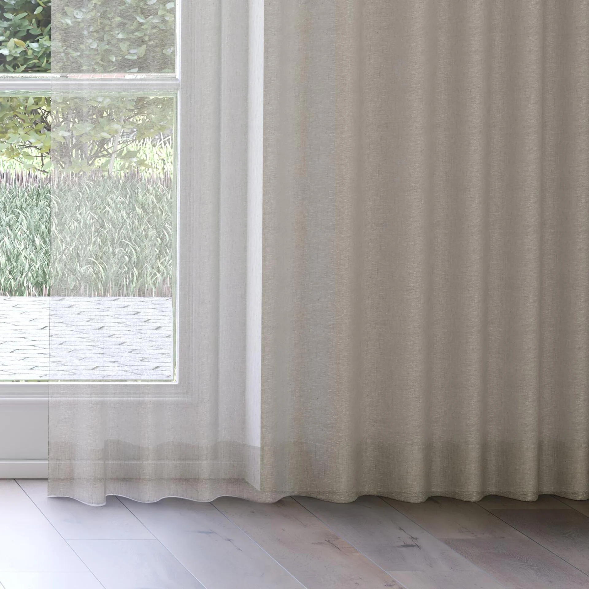 Bottom view of Pure Linen Chinchilla, on curtain rail