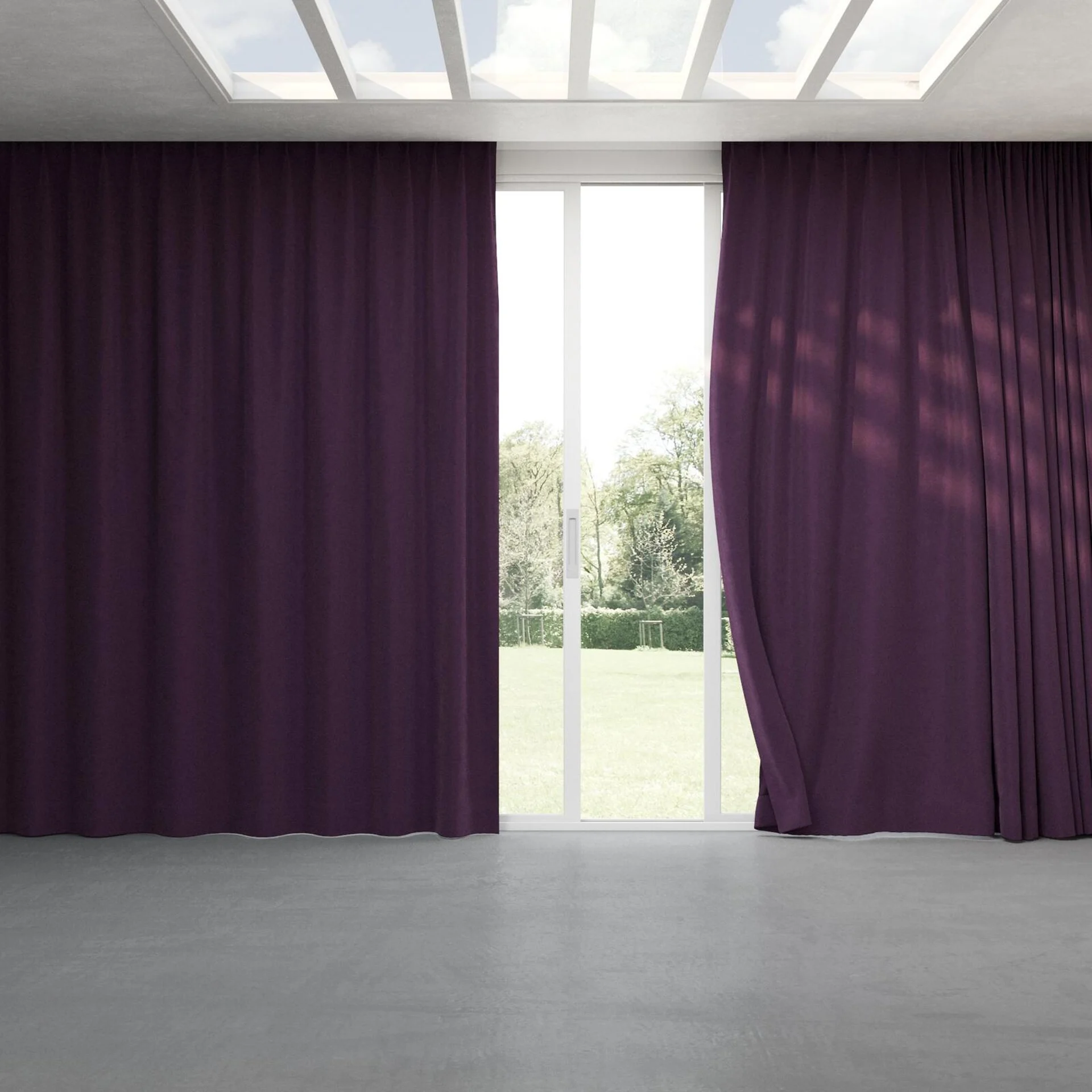 Full view of Lux Velvet Aubergine 8612, pinch pleat
