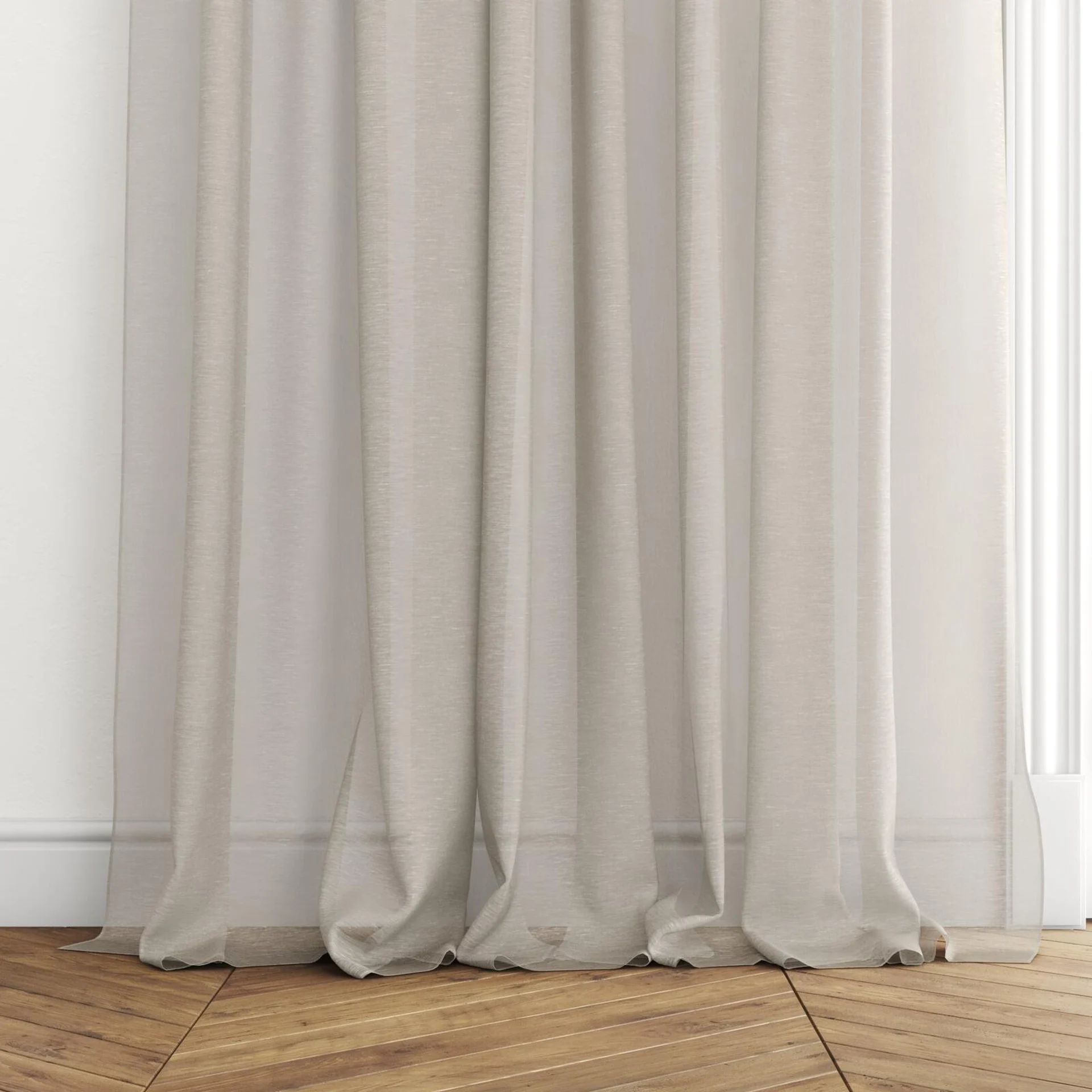 Bottom view of Locomotion Camel, puddled with pinch pleat, on curtain rod
