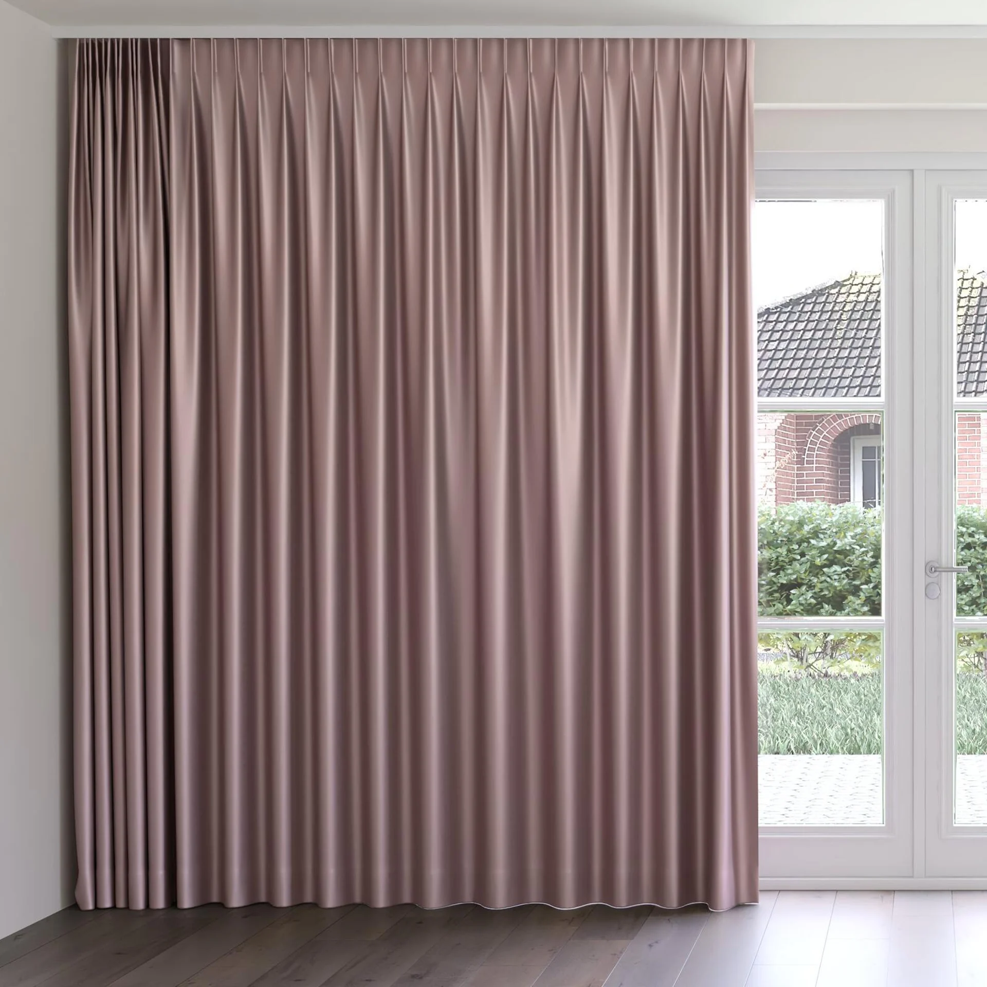 Front view of North Face Lilac, on curtain rail