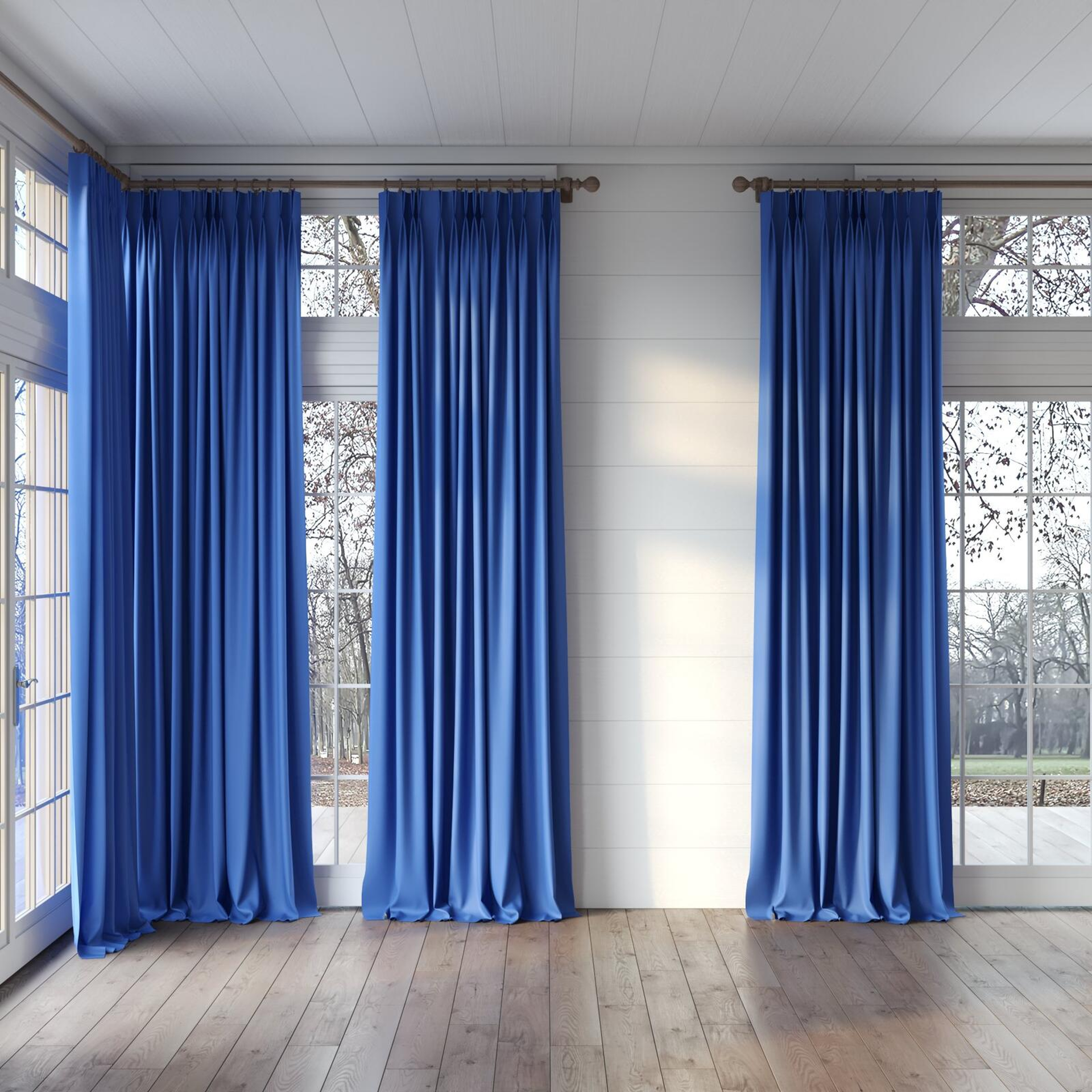 Full view of Ultra Dim Indigo, puddled, on curtain rod