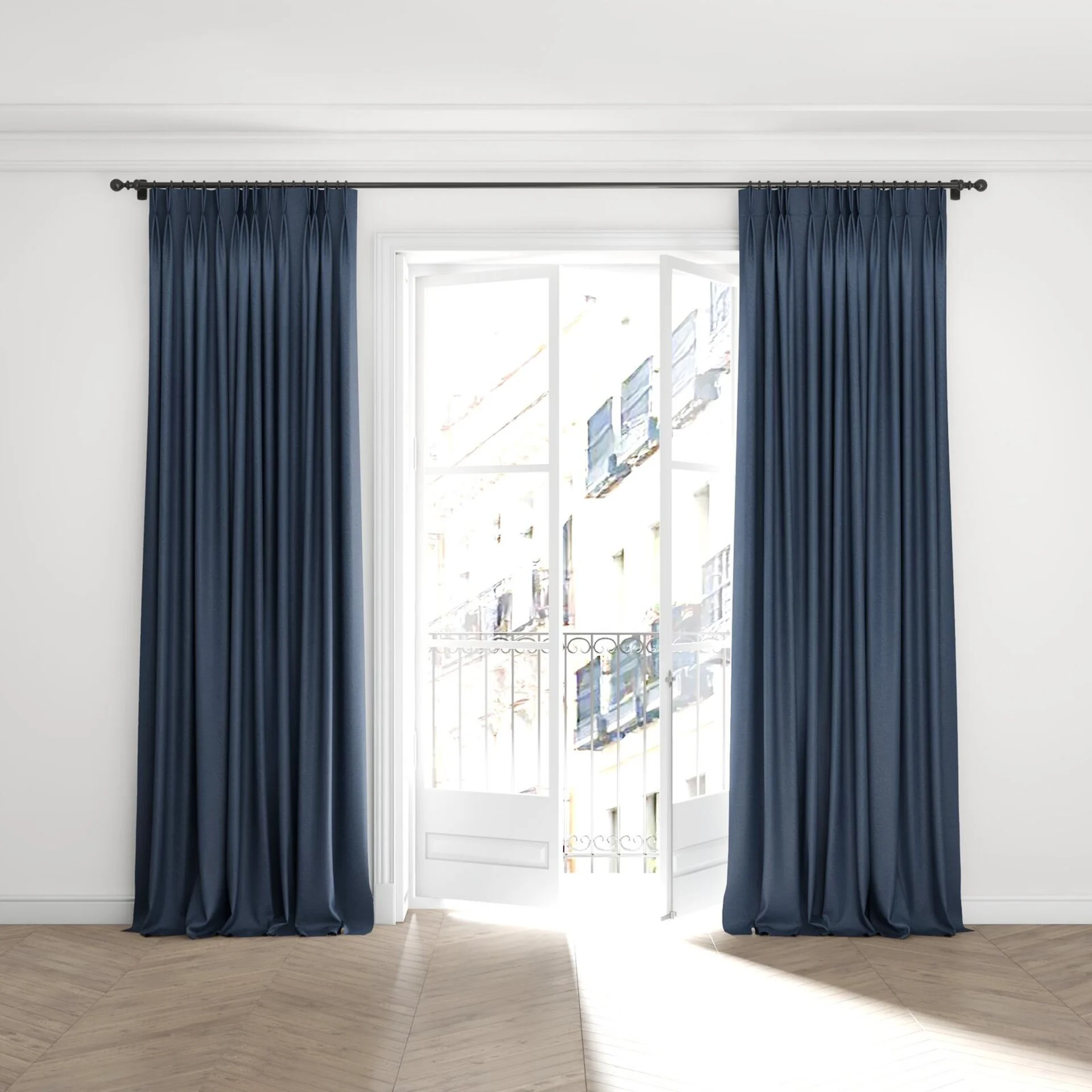 Full view of Casual Ink, puddled with pinch pleat, on curtain rod