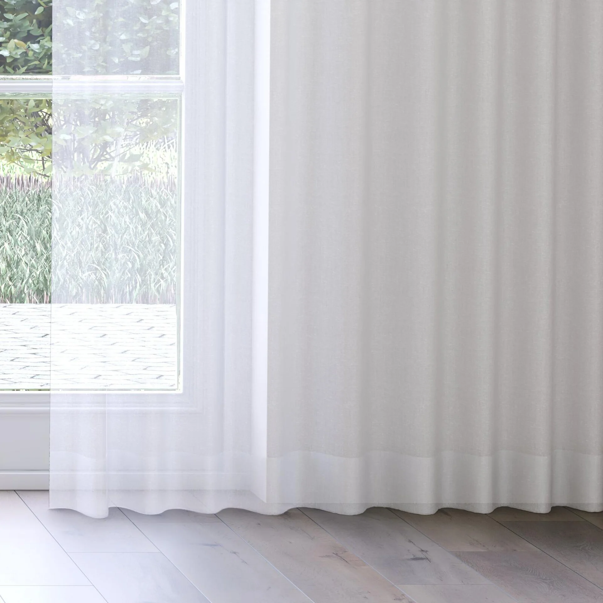 Bottom view of Distill Feather, on curtain rail