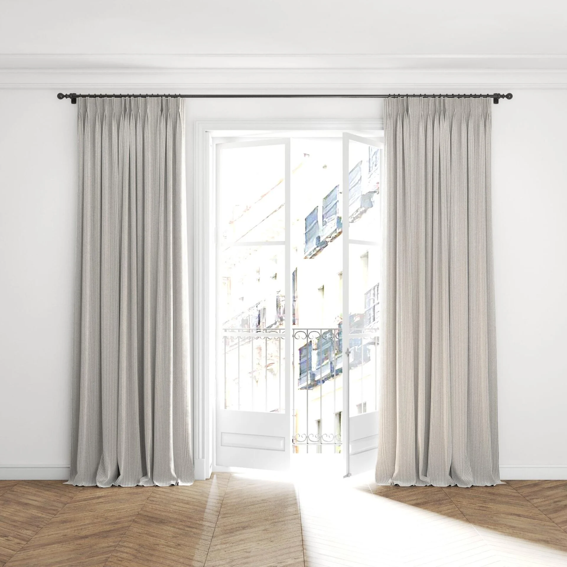 Full view of Embrace Silver, puddled with pinch pleat, on curtain rod