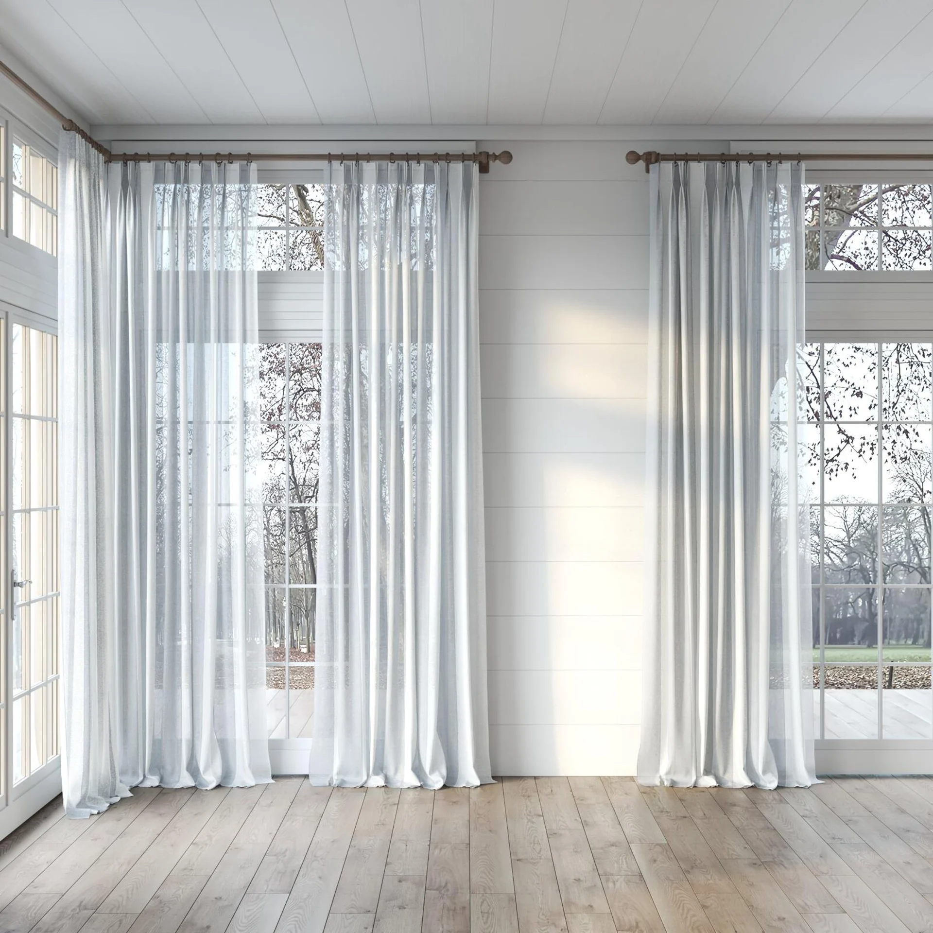 Full view of Kyoto Stripe Chambray, puddled, on curtain rod