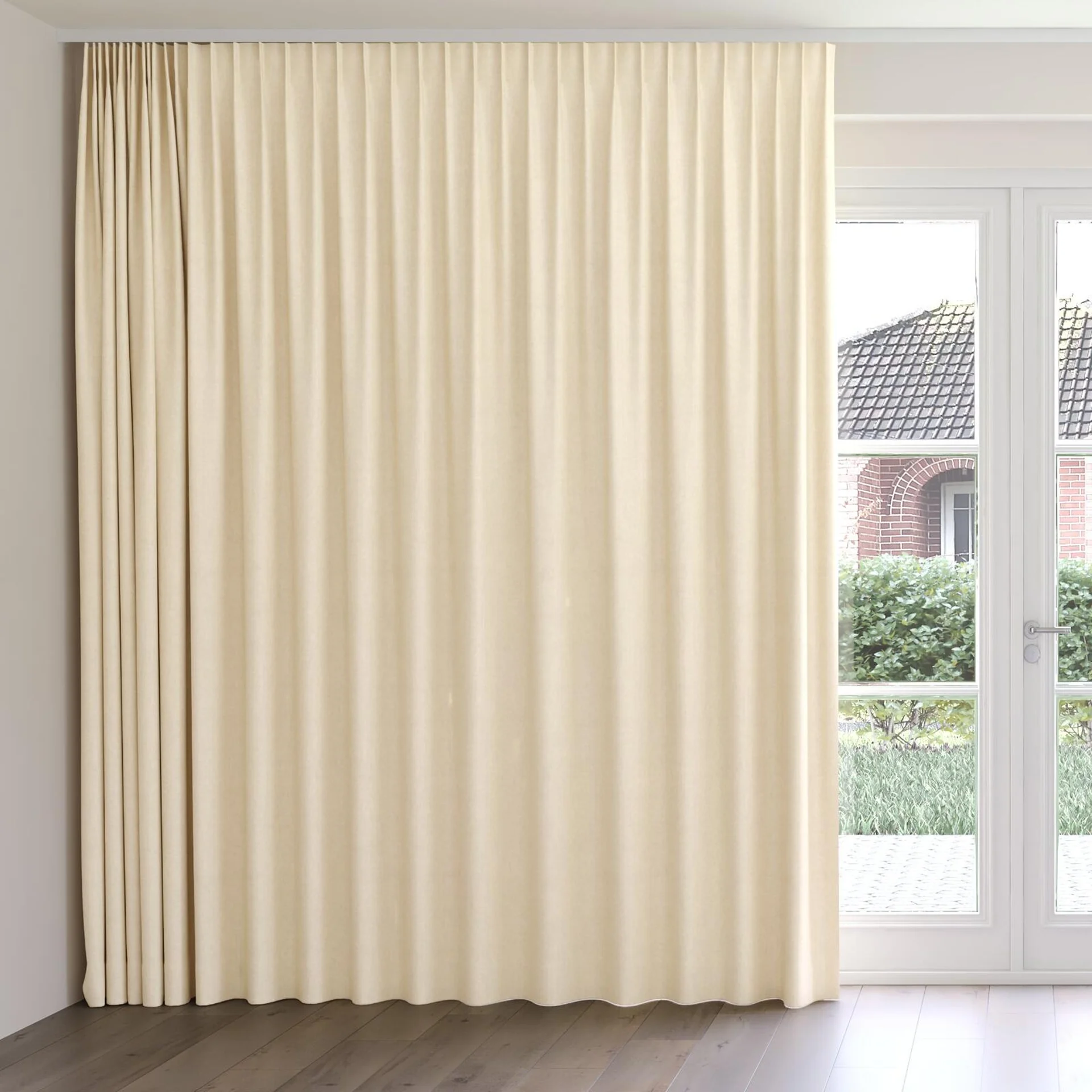 Front view of Rover Cream, on curtain rail