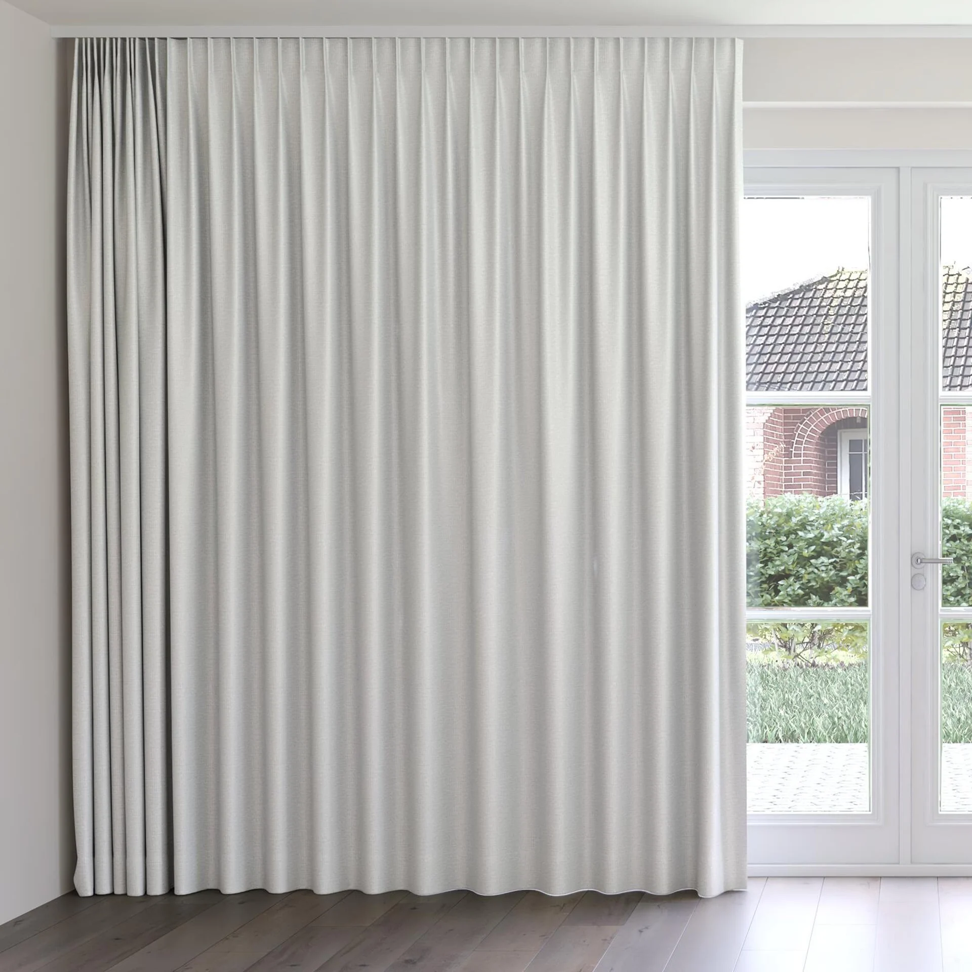 Front view of Kennedy FR Blackout Frost, on curtain rail