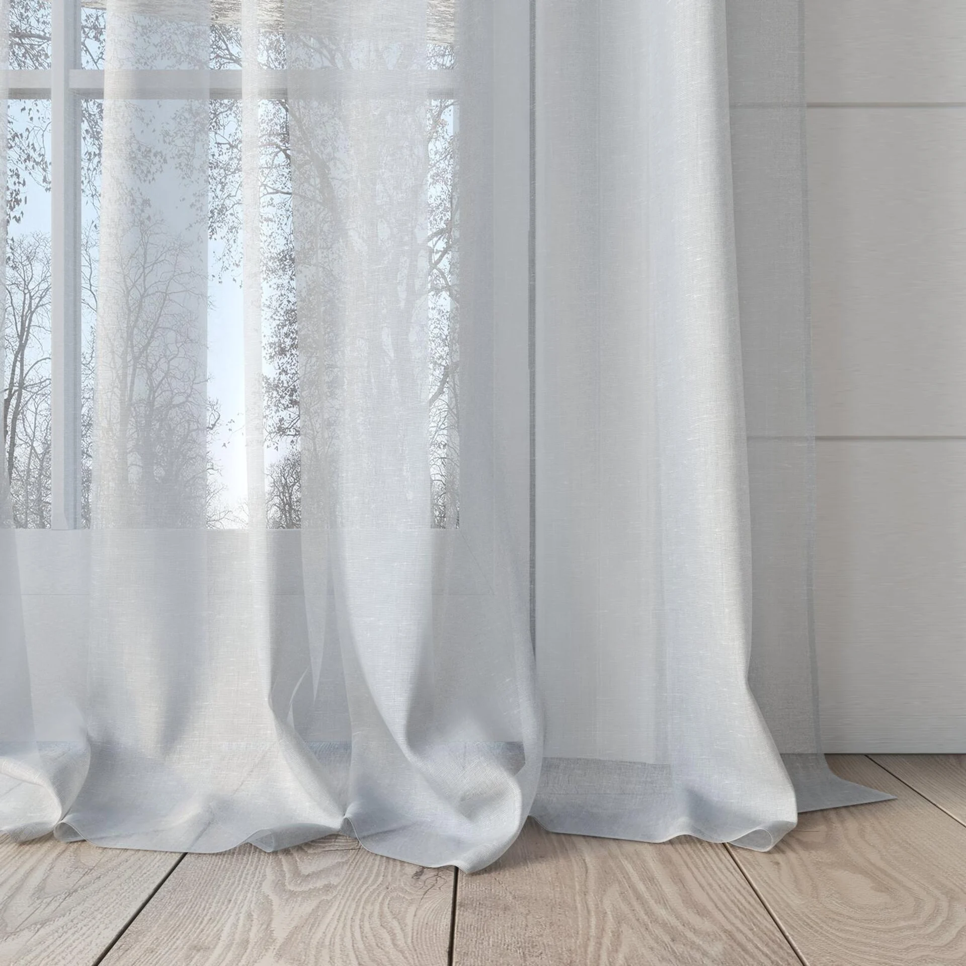 Bottom view of Distill Snow, puddled, on curtain rod