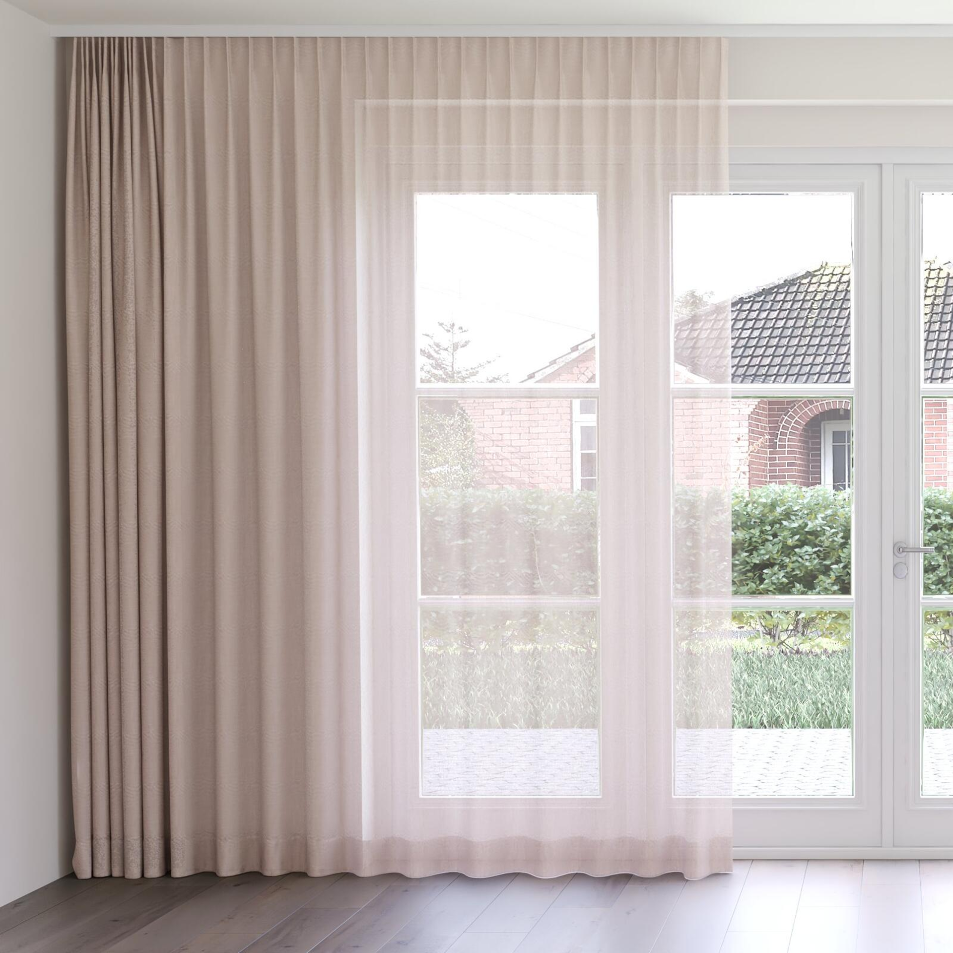 Front view of Gesso Lino Rose, on curtain rail