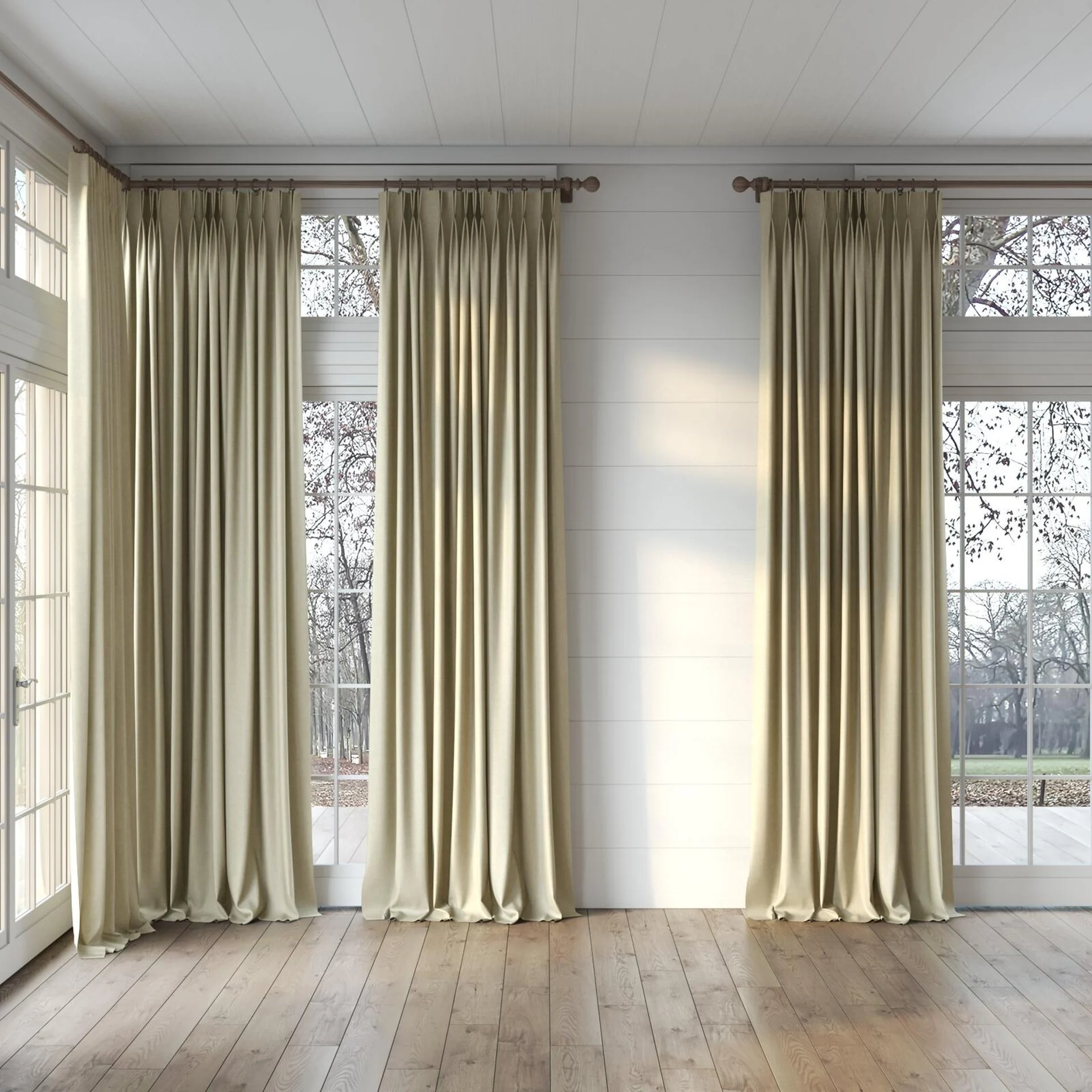 Full view of Perfecto Seagrass, puddled, on curtain rod