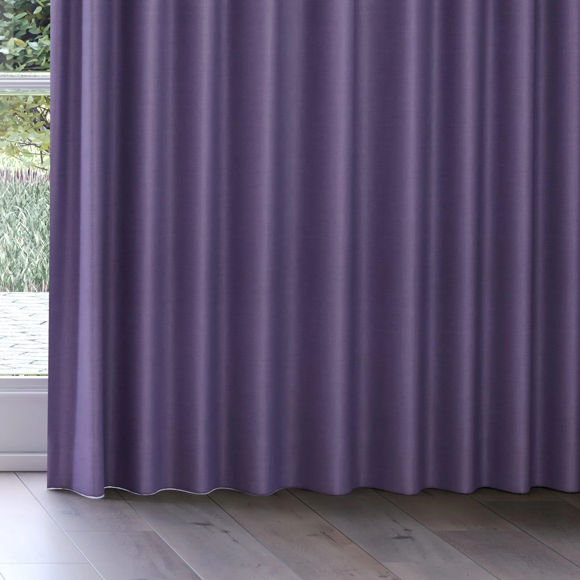 Bottom view of Loci Dim Out Blueberry, on curtain rail