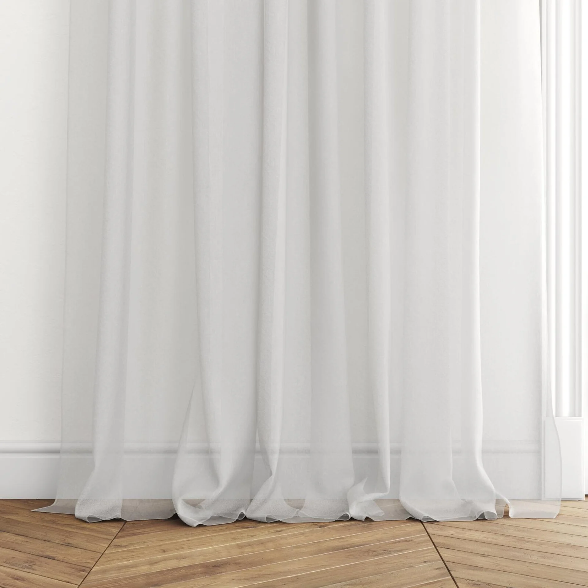 Bottom view of Selene Calico, puddled with pinch pleat, on curtain rod