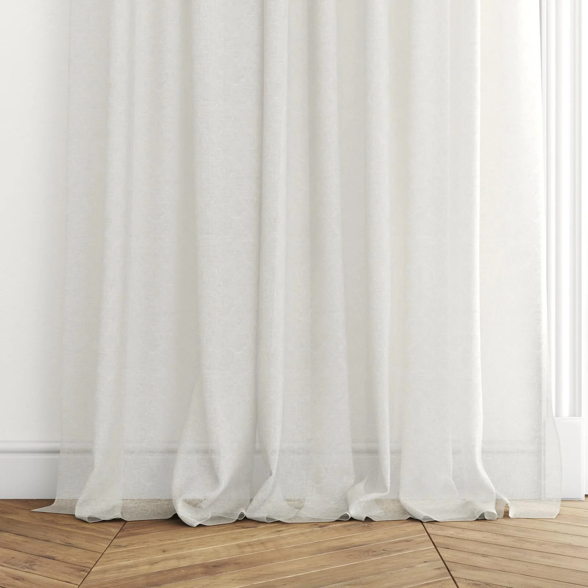 Bottom view of Marie Pure, puddled with pinch pleat, on curtain rod