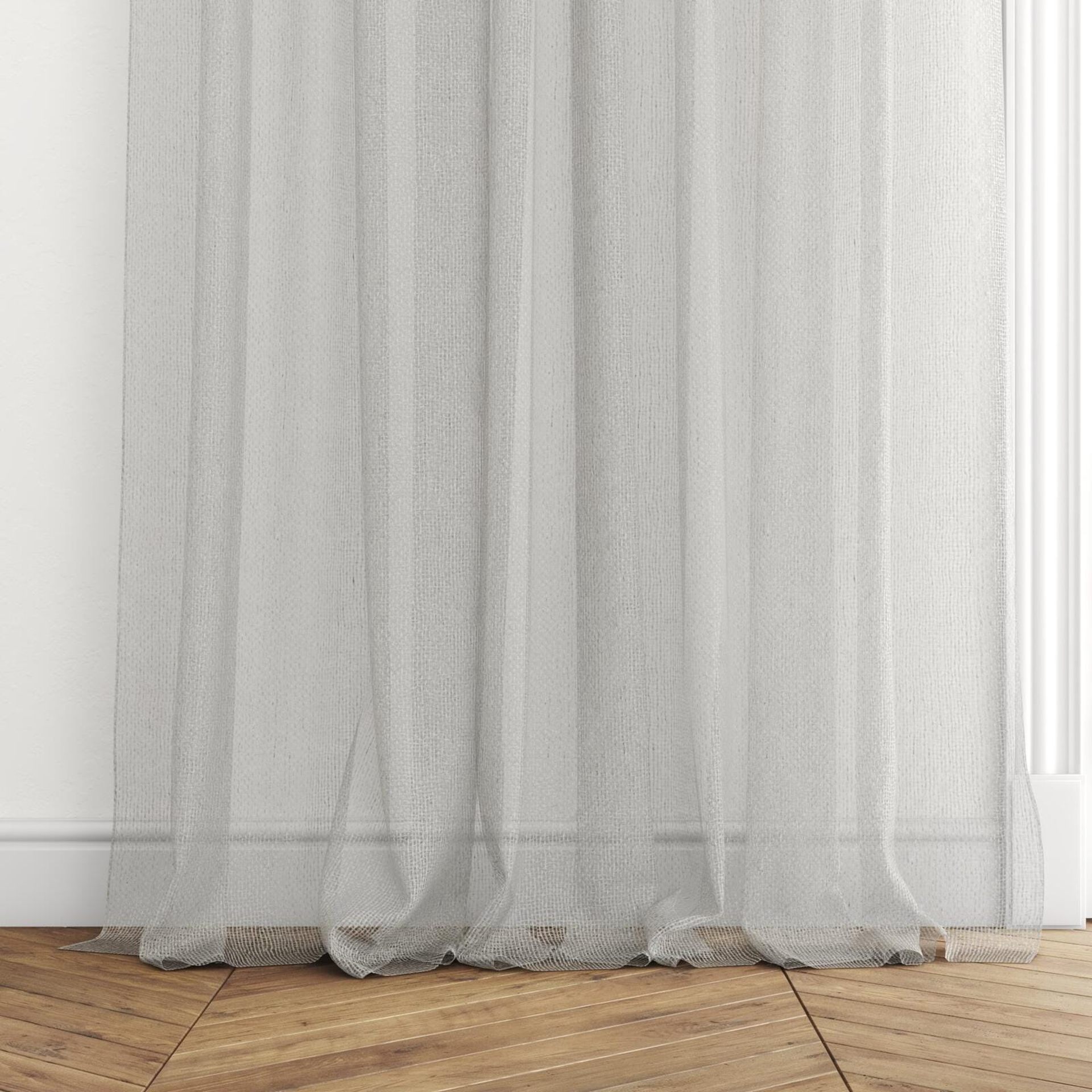Bottom view of Kensho Stone, puddled with pinch pleat, on curtain rod