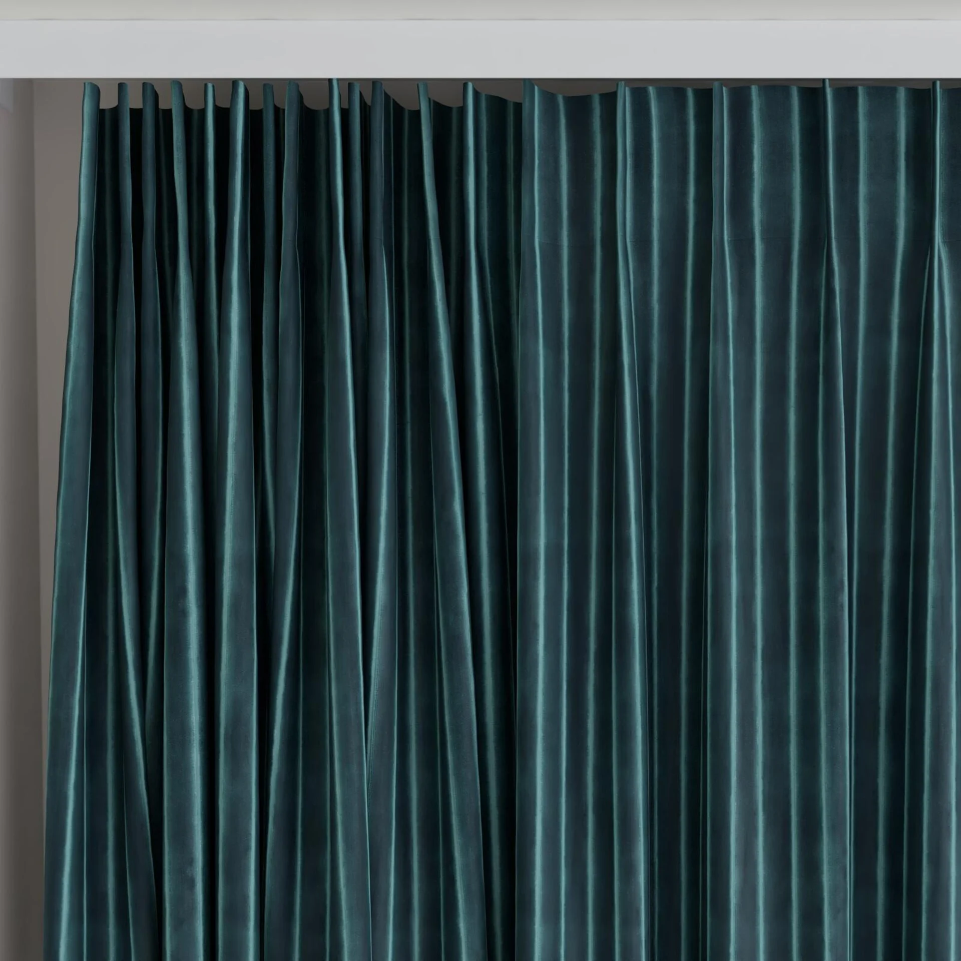 Top view of Cordial Emerald, on curtain rail