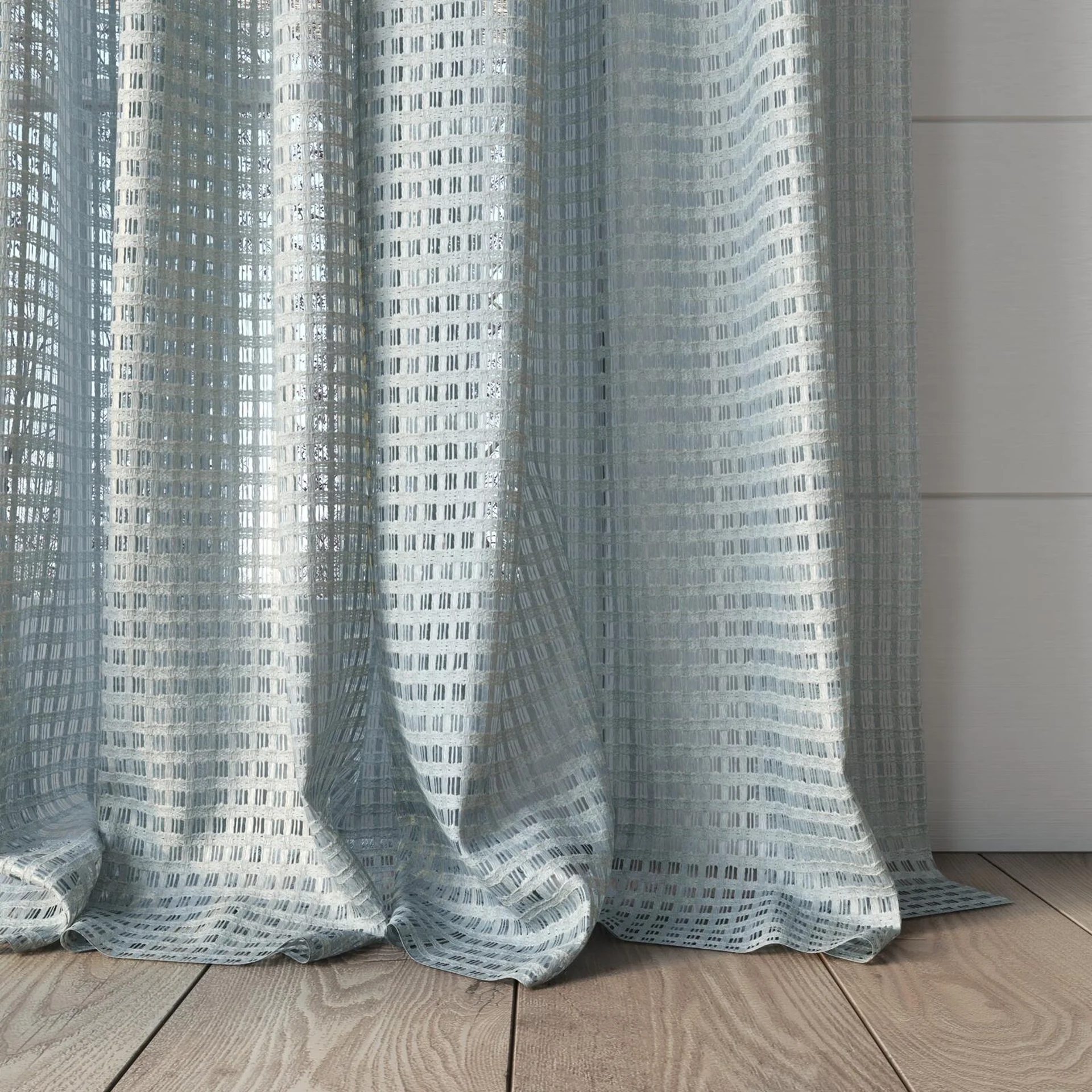 Bottom view of Bryce Fog, puddled, on curtain rod
