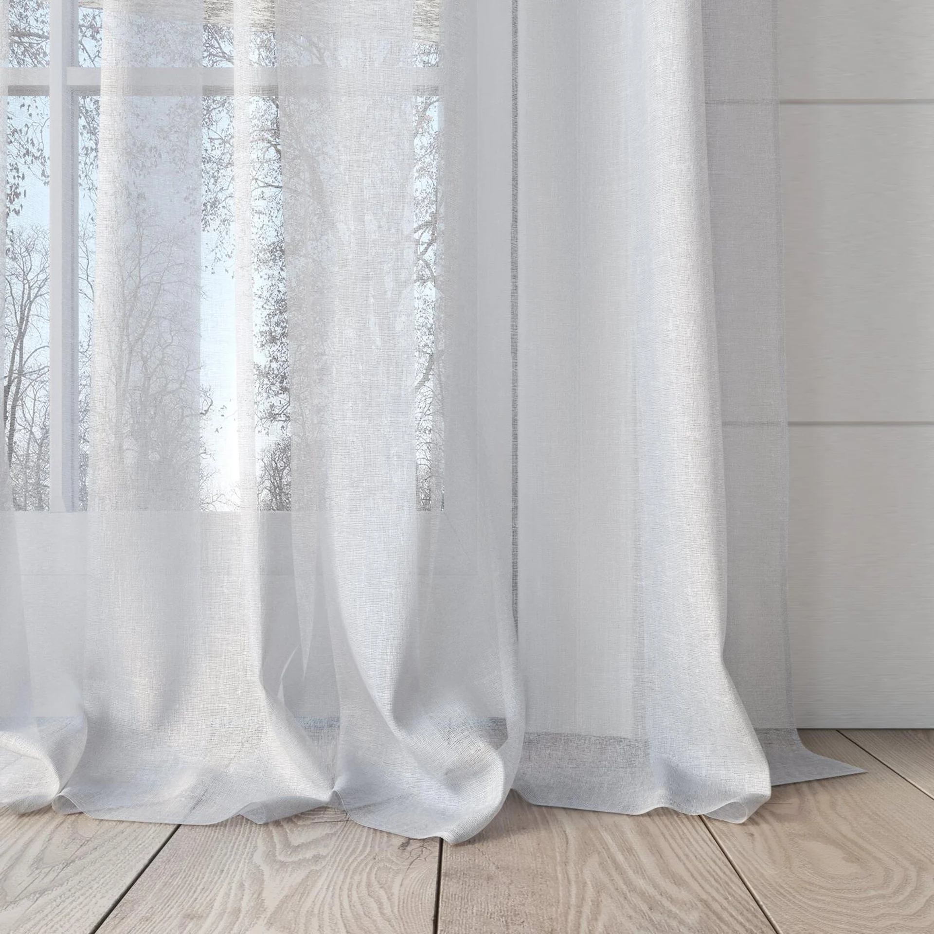 Bottom view of Seaview Alabaster, puddled, on curtain rod