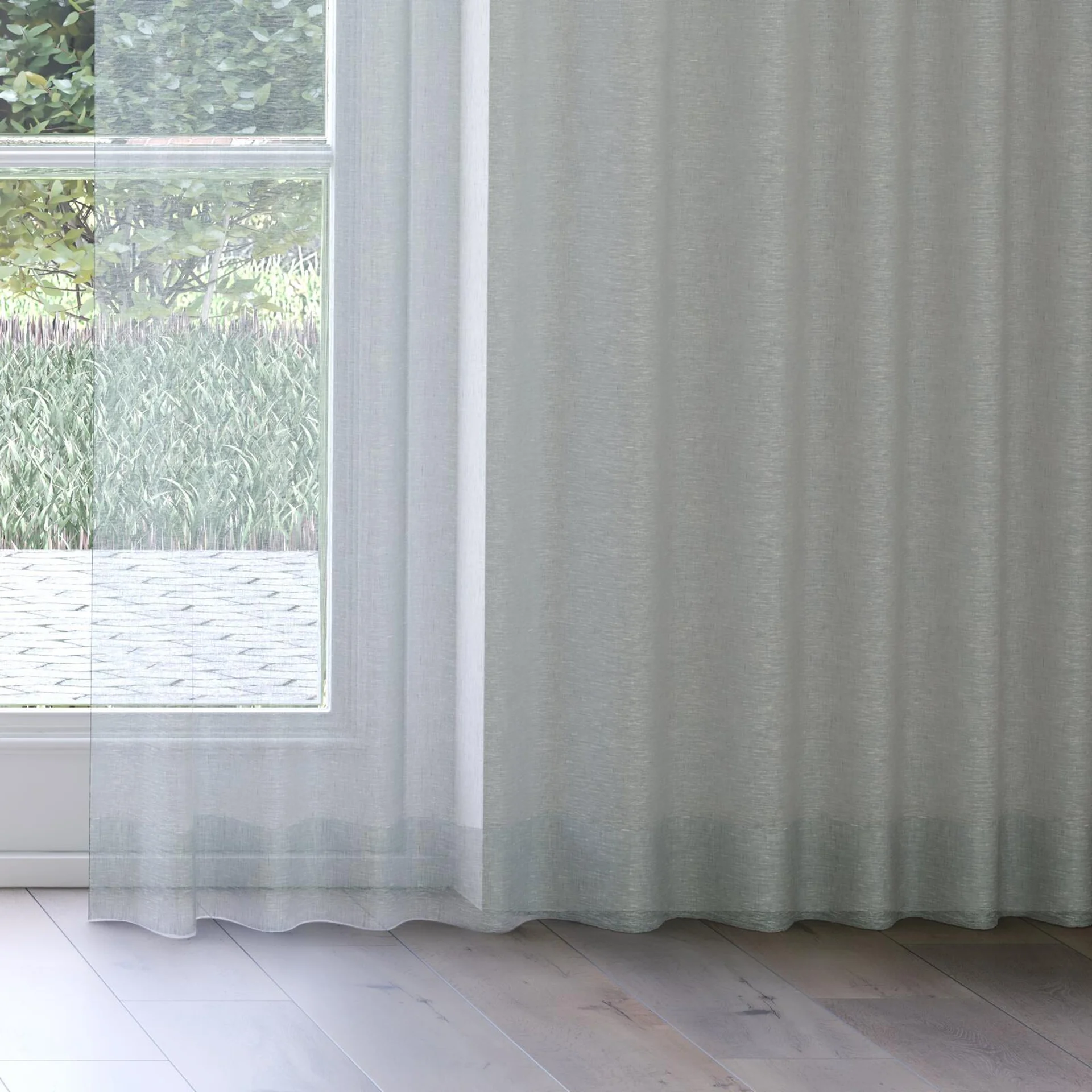 Bottom view of Pure Linen Denim, on curtain rail