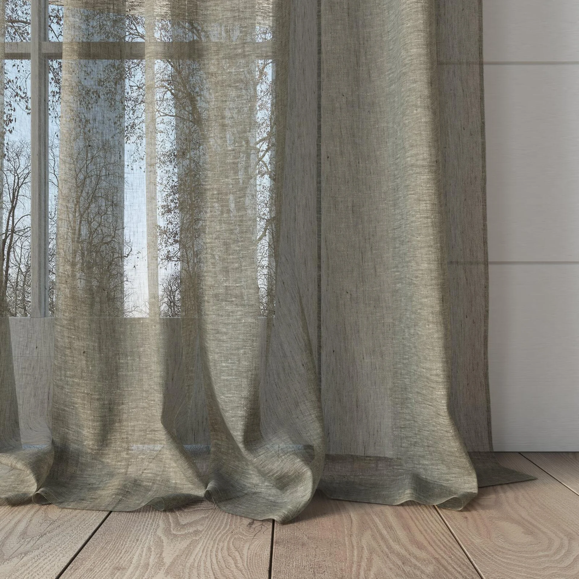 Bottom view of Pure Linen Chinchilla, puddled, on curtain rod