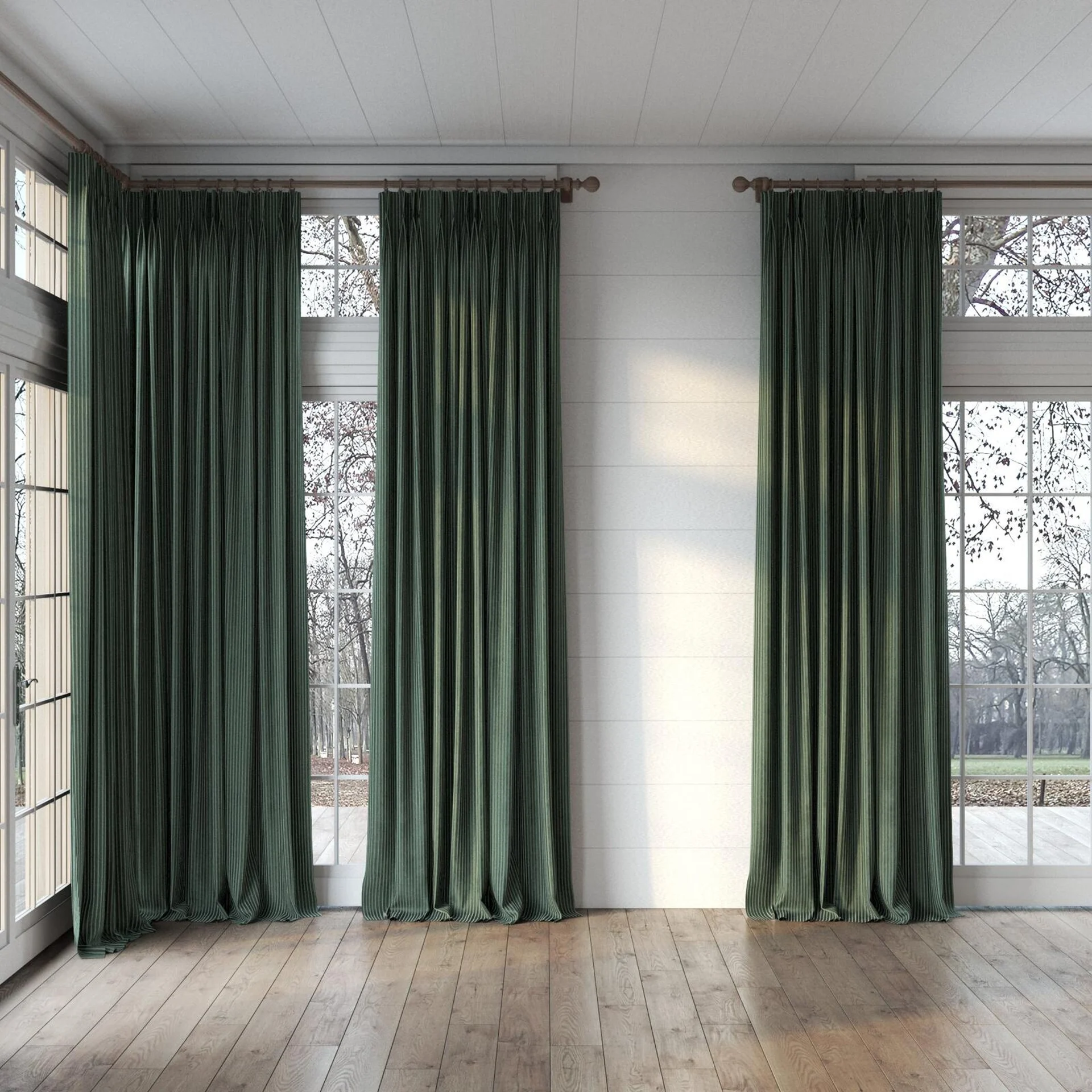Full view of Embrace Spinach, puddled, on curtain rod