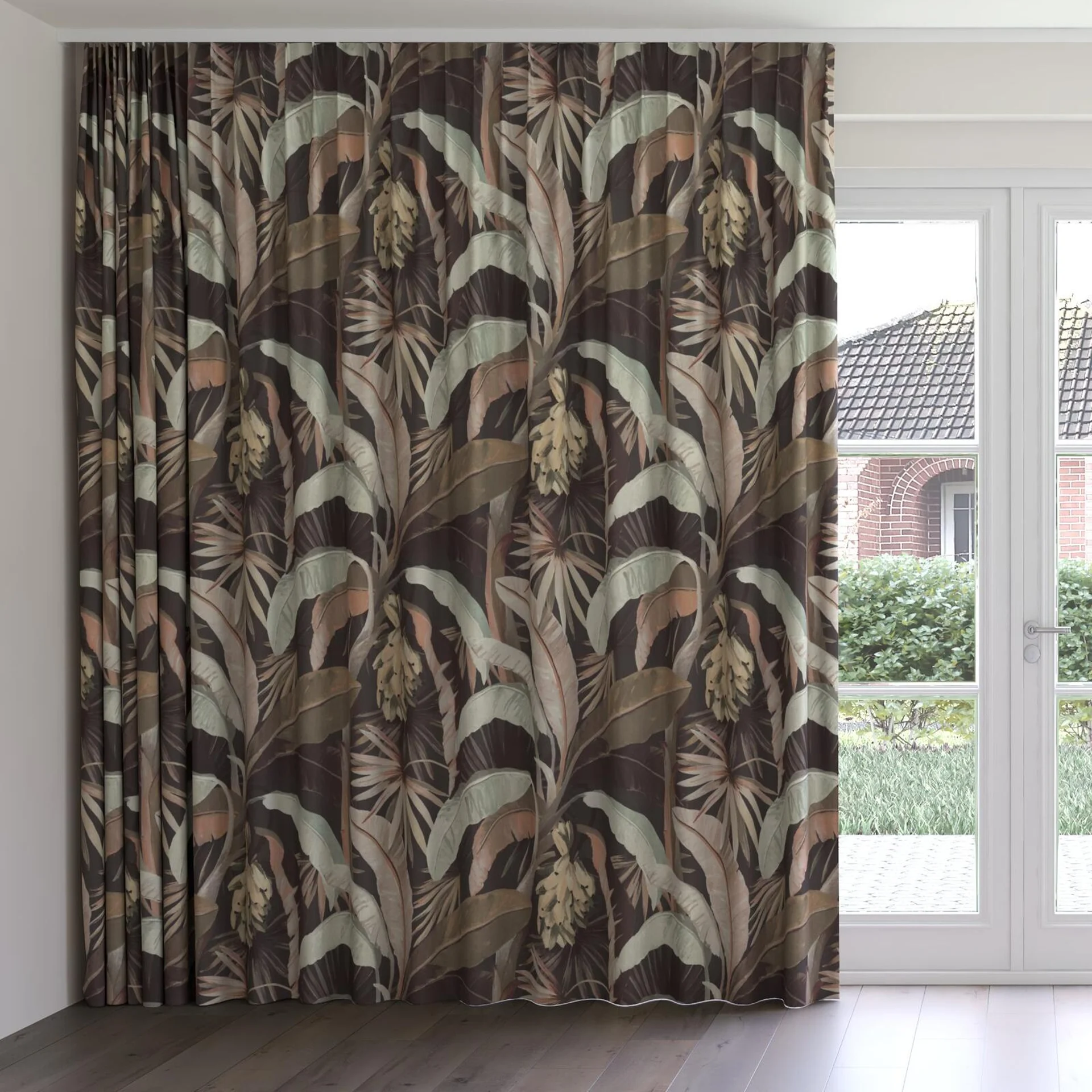 Front view of La Palma Sepia, on curtain rail