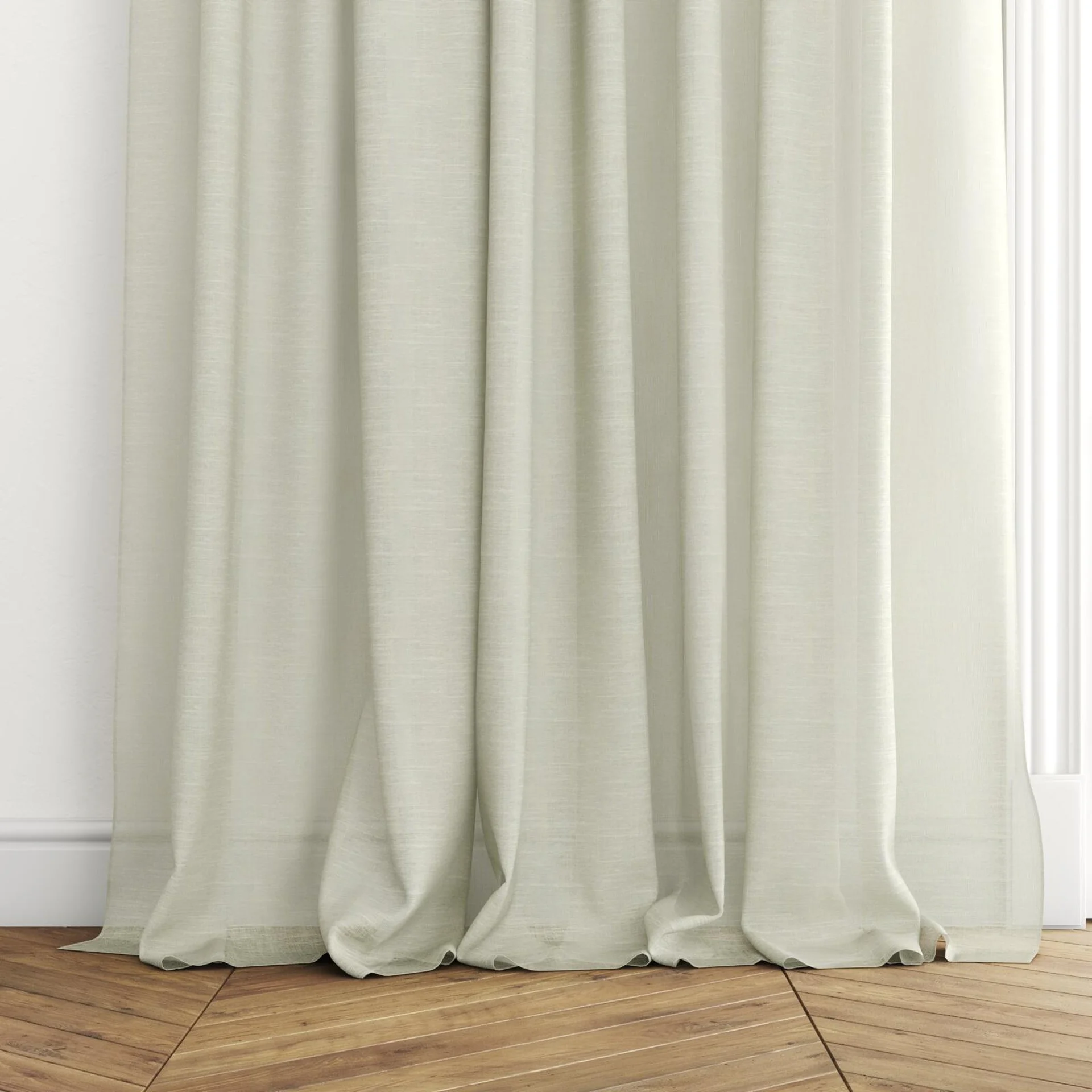 Bottom view of Angelic Tea, puddled with pinch pleat, on curtain rod