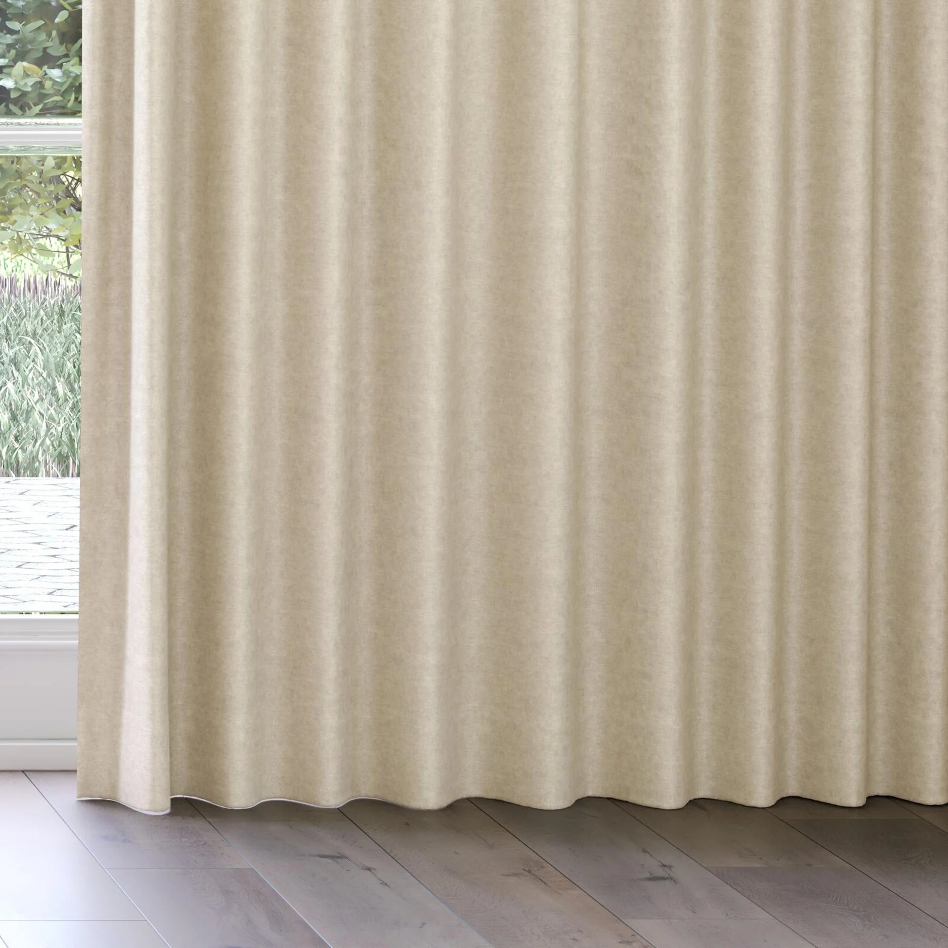Bottom view of Colourwash Raffia, on curtain rail