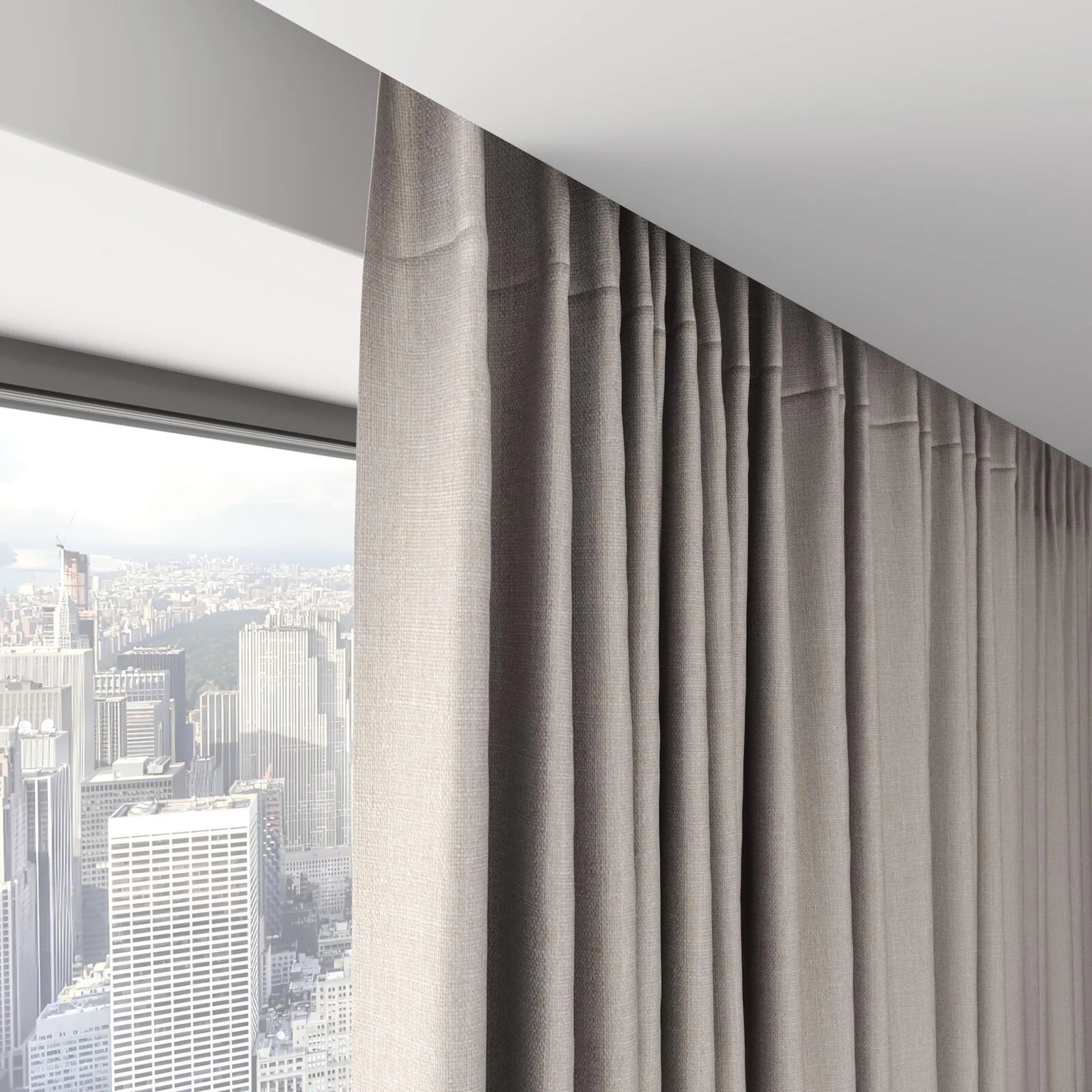 Top view of Stallion 2 Blackout Linen, on hidden rail