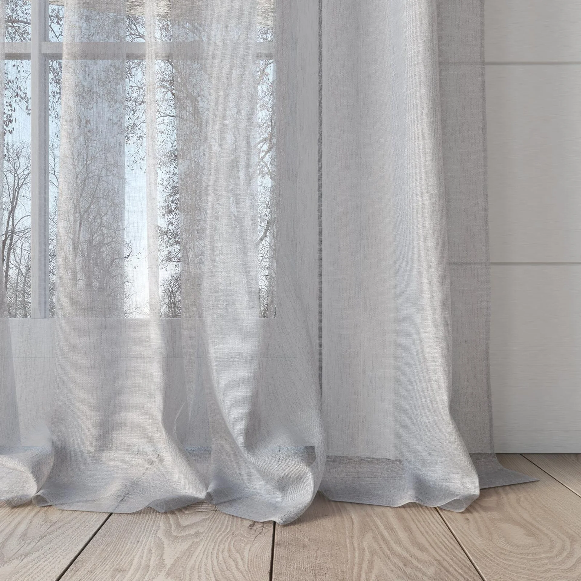Bottom view of Seaview Fog, puddled, on curtain rod