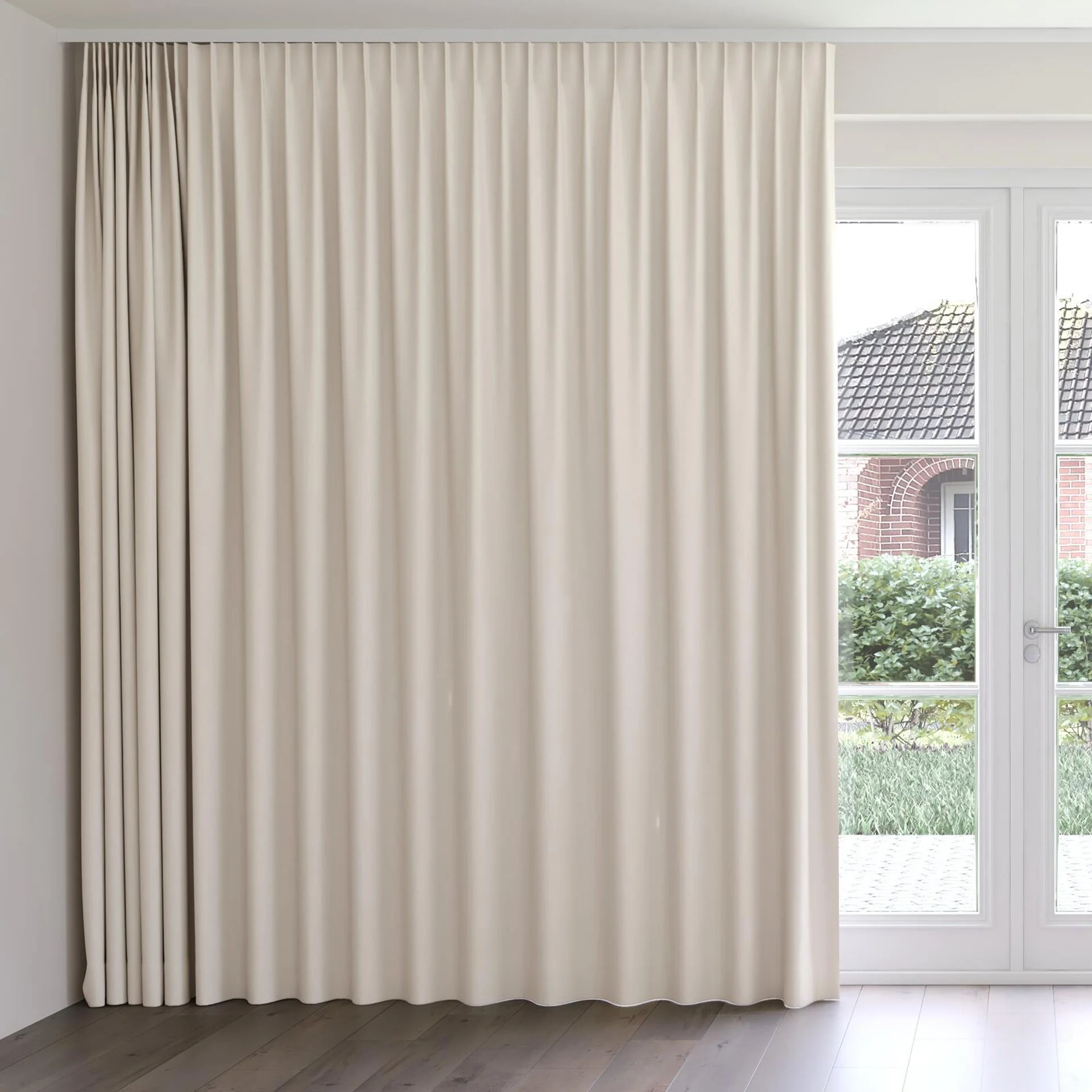 Front view of Recharge Marzipan, on curtain rail