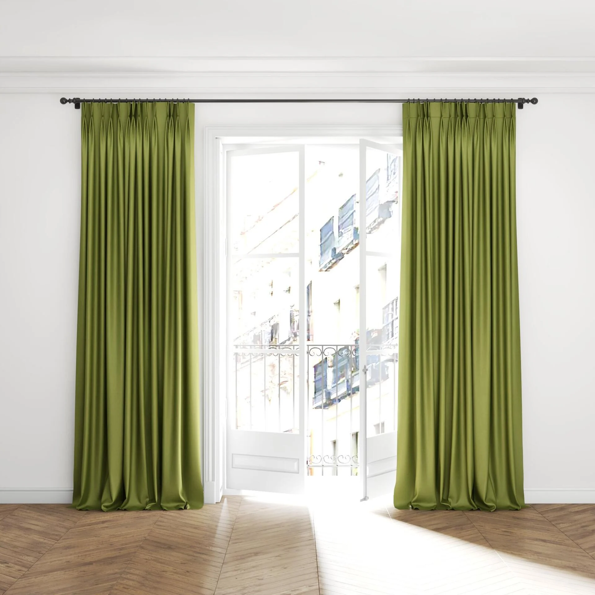 Full view of Tonga Grass, puddled with pinch pleat, on curtain rod